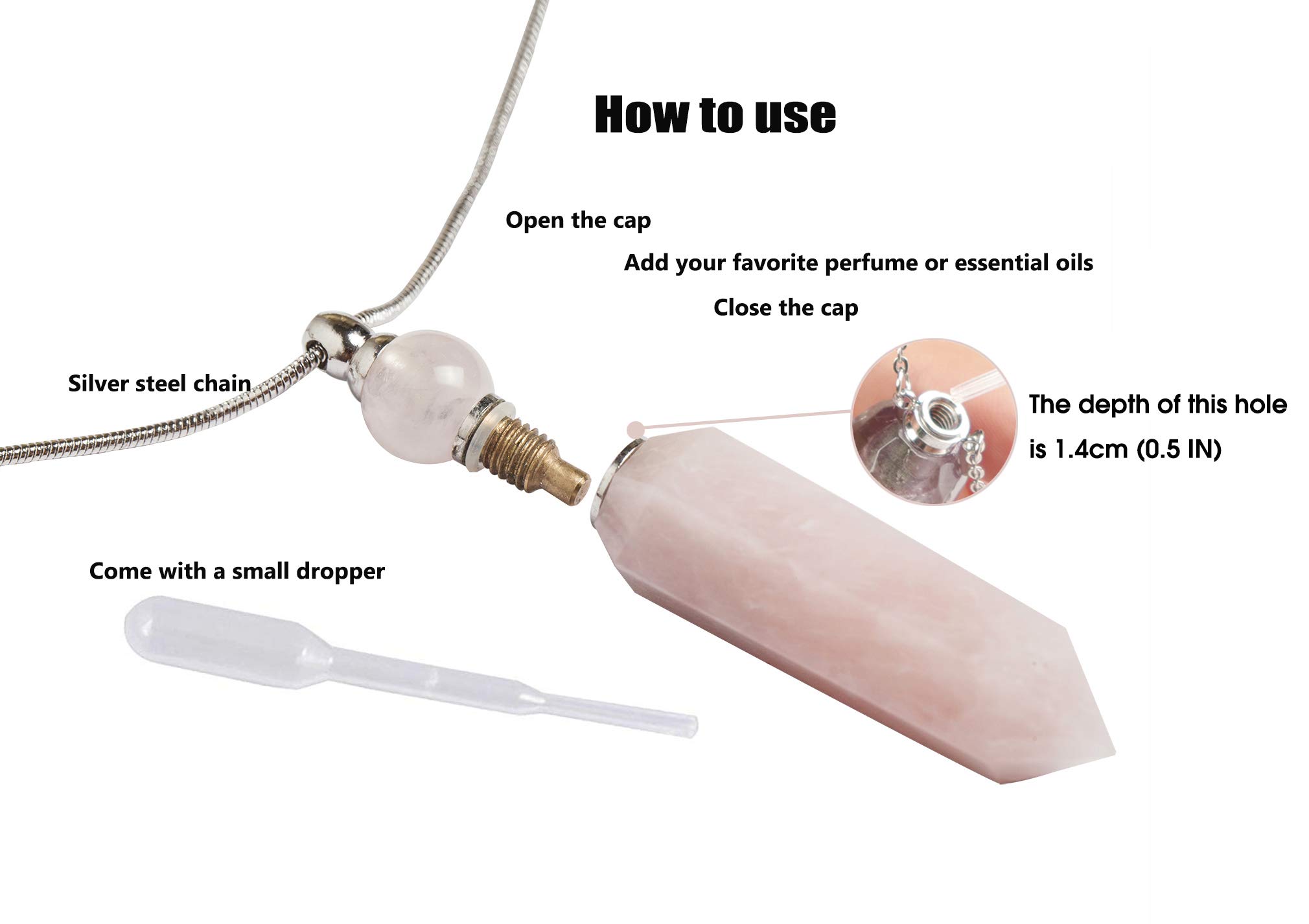 AMOYSTONE 1P Rose Quartz Crystal Perfume Necklace - Long Chain Healing Stone Hexagonal Aroma Diffuser for Essential Oils, Natural Crystal Bottle Pendant Jewelry Gift for Women (Perfect for Meditation, Yoga & Aromatherapy)