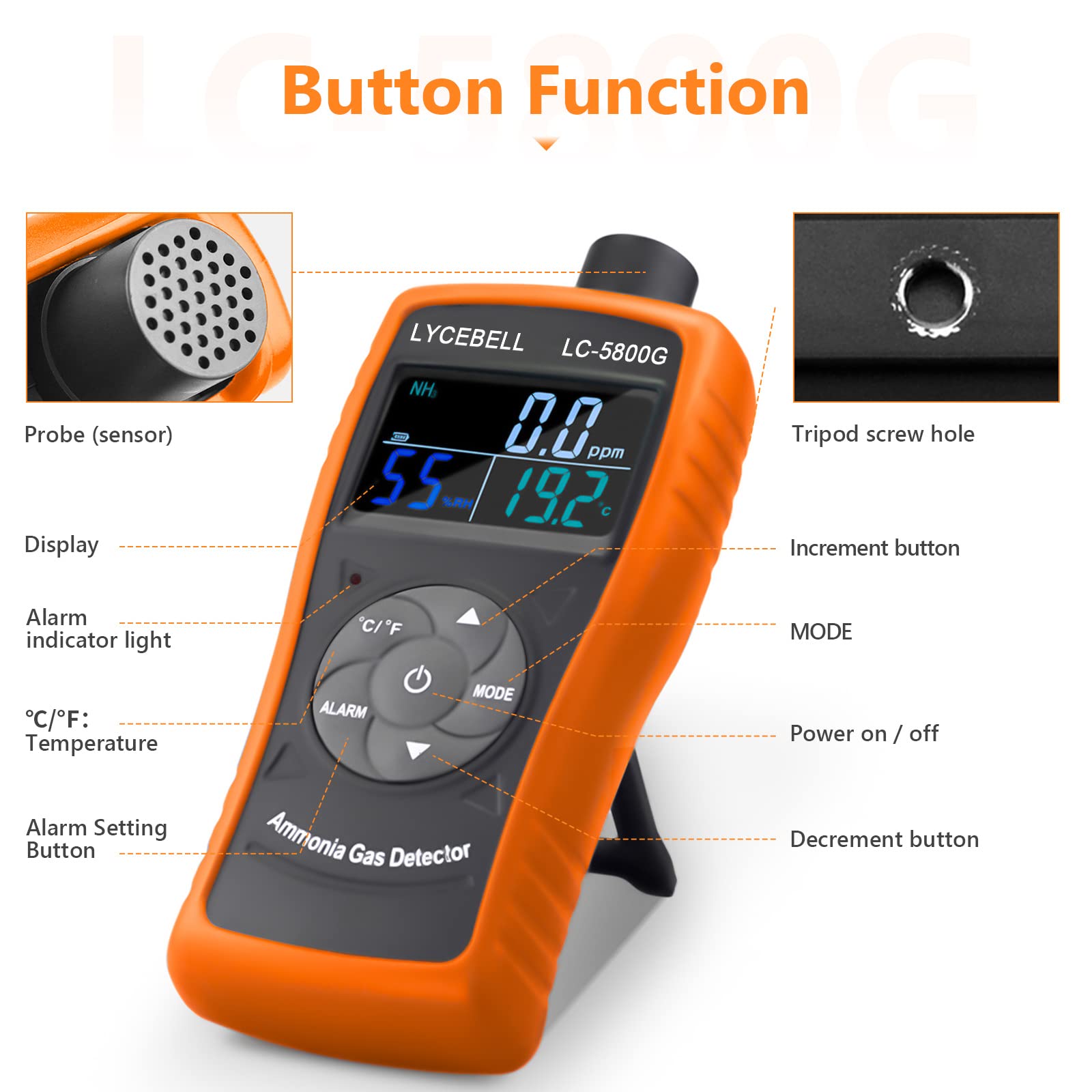 LC-5800G Professional Ammonia Gas Detector | 0-100 PPM NH3 Monitor with Temperature (℉/℃) & Humidity Sensor | Portable Air Quality Meter for Poultry Farms, Livestock Barns & Agricultural Facilities