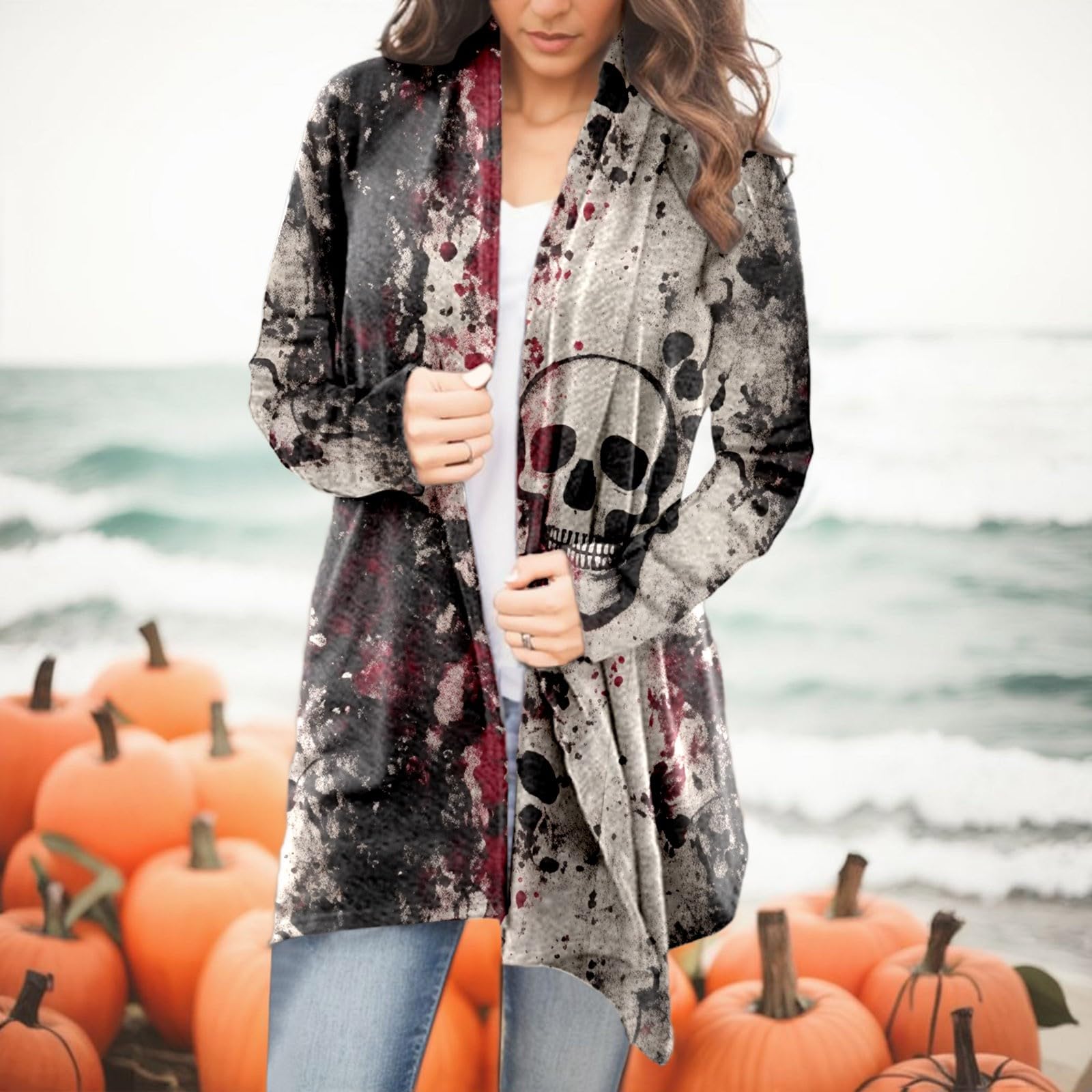 2024 Women's Halloween Cardigan - Autumn Long Sleeve Knit Sweater with Graphic Print | Cozy Fall Outwear for Halloween Parties, Pumpkin Patch Visits & Spooky Season Fashion