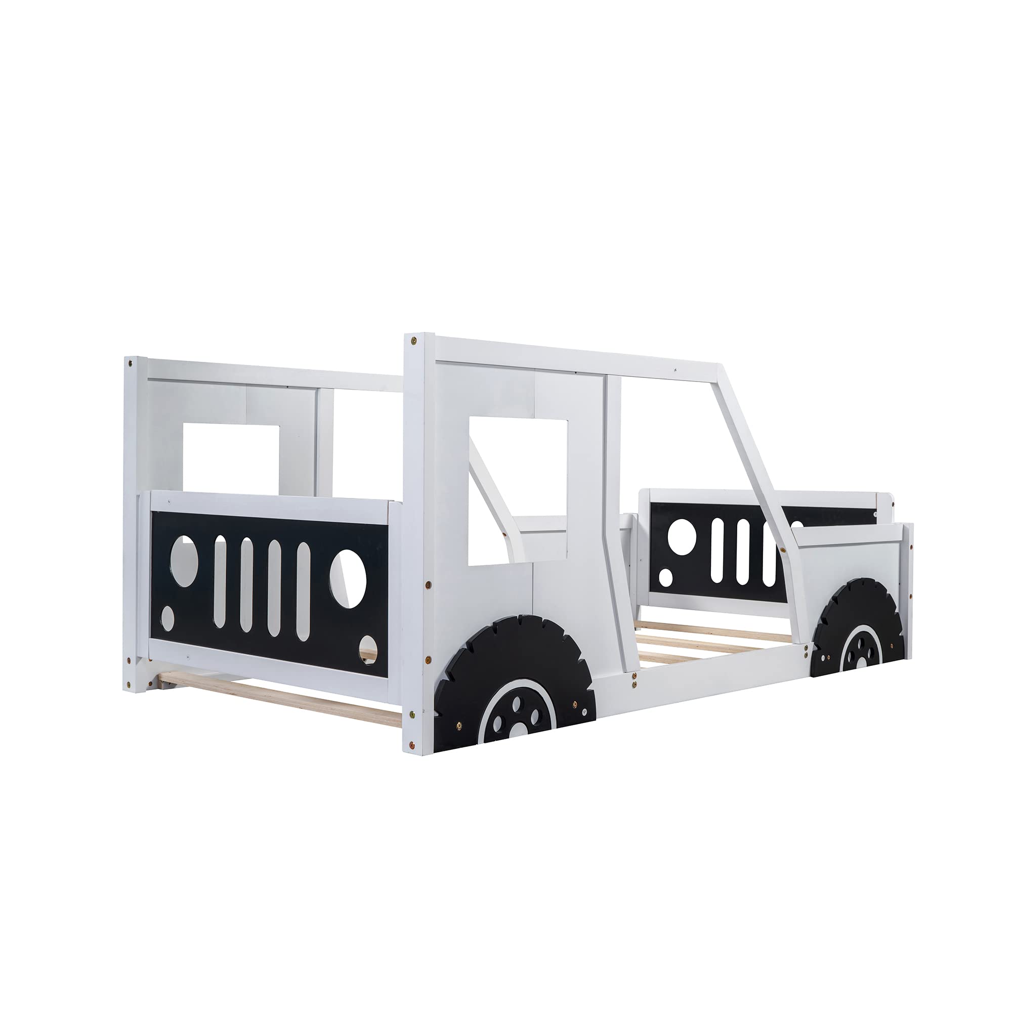 Twin Size Kids Car-Shaped Bed with Wheels - Wooden Montessori Floor Bed for Boys & Girls - Lightning McQueen Themed (White & Black) - Perfect for Toddler Rooms, Playrooms & Montessori Classrooms