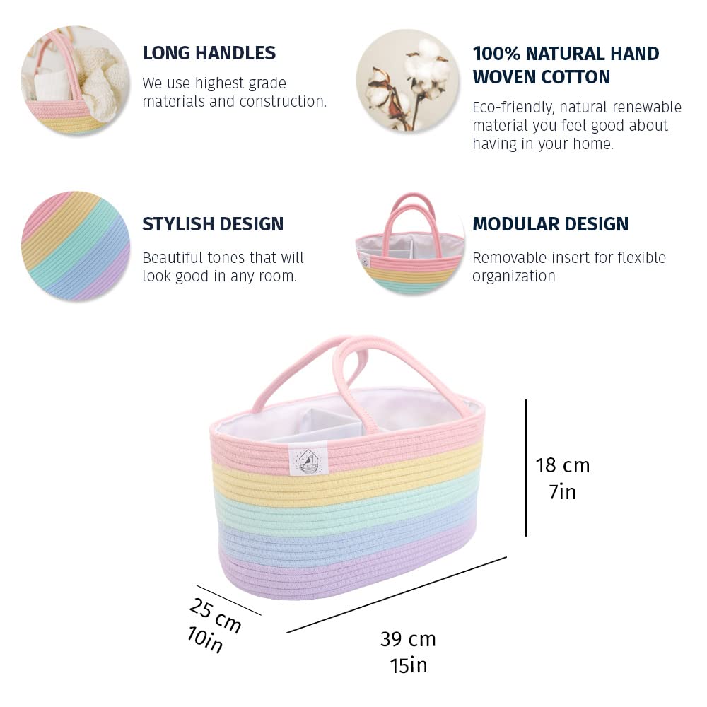 Pastel Rainbow Rope Diaper Caddy Basket - Baby Nursery Organizer with Storage for Newborn Essentials | Perfect for Diaper Changing Station, Baby Shower Gift & Rainbow-Themed Nursery Decor