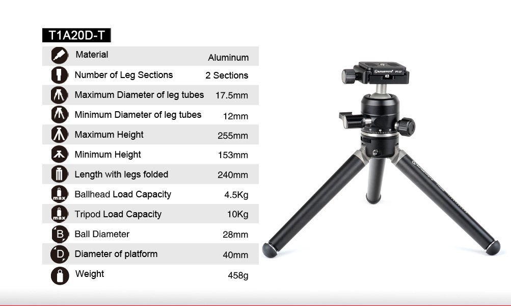 SUNWAYFOTO T1A20D-T Compact Aluminum Tabletop Tripod with XB-28 Low Profile Ball Head - 2-Section Adjustable Mini Tripod for DSLR Camera, Smartphone, Webcam - Perfect for Travel, Vlogging, Home Office & Desktop Photography