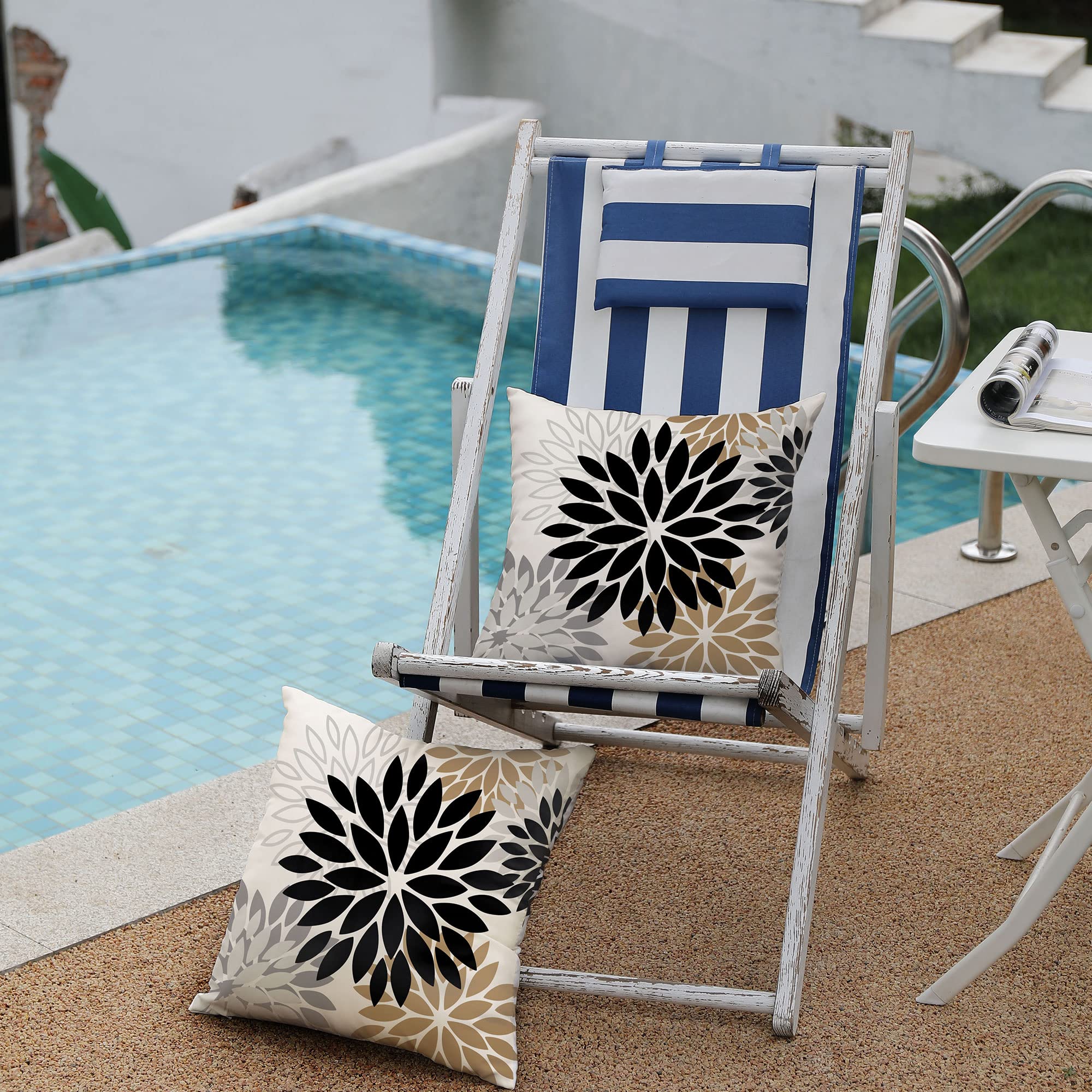 Premium Black Brown Outdoor Pillow Covers 18x18 Inch (Set of 2) - Farmhouse Modern Floral Polyester Square Cushion Cases - Waterproof & UV Resistant for Patio Furniture, Garden, Porch, Deck & Outdoor Decor