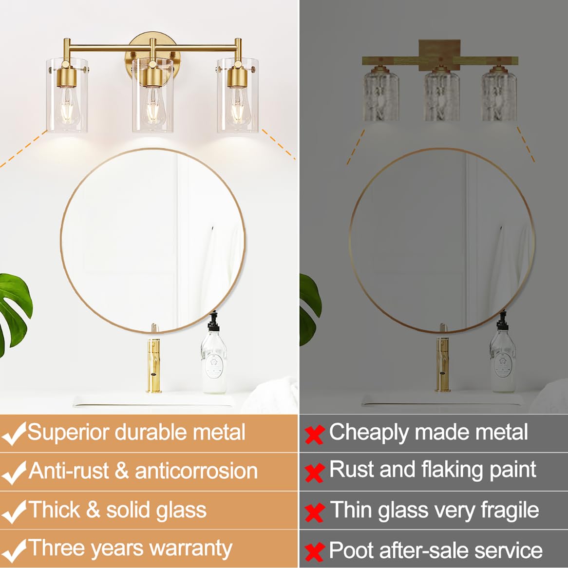 2023 Upgraded 3-Light Brushed Gold Bathroom Vanity Light with Clear Glass Shade - Modern Gold Bathroom Lighting Fixtures for Mirror, Bedroom, Living Room & Hallway - Perfect for Home Decor and Ambient Lighting