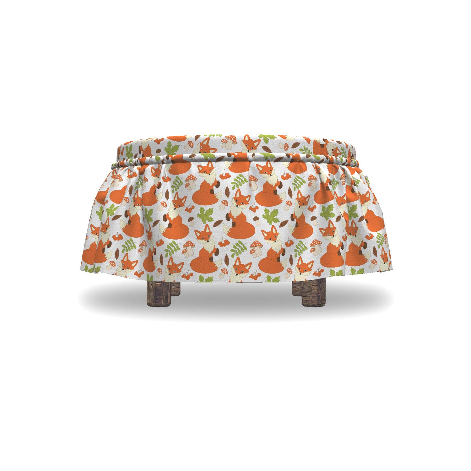 Ambesonne Fox Ottoman Cover 2-Piece Set - Forest Fauna & Flora Slipcover with Ruffle Skirt for Square/Round Footstools - Brown, Orange & Apple Green Home Decor - Perfect for Living Room, Bedroom or Nursery Accent