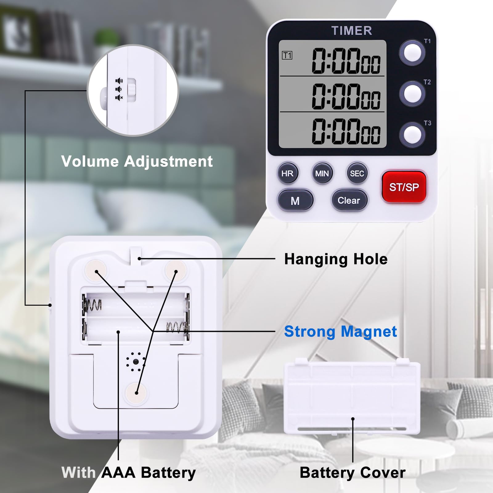 HomeMall Digital Dual Kitchen Timer - 3 Channel Count Up/Down Cooking Timer with Large LCD Display, Magnetic Back, Loud Alarm & Flashing Light (Batteries Included) | Perfect for Baking, Meal Prep & Multitasking in the Kitchen