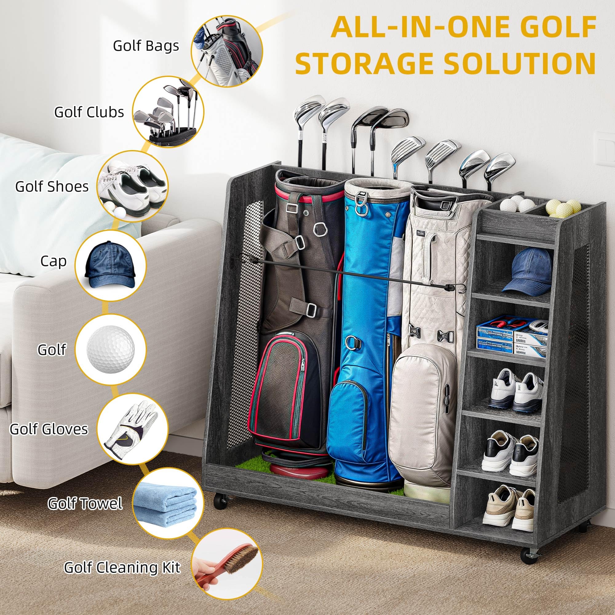 DWVO Wooden Golf Bag Stand Holder with Wheels - Garage Golf Storage Organizer for Golf Bags, Clubs, Balls & Accessories - Holds 2-3 Golf Bags - Perfect for Home, Garage & Golf Club Storage Solutions