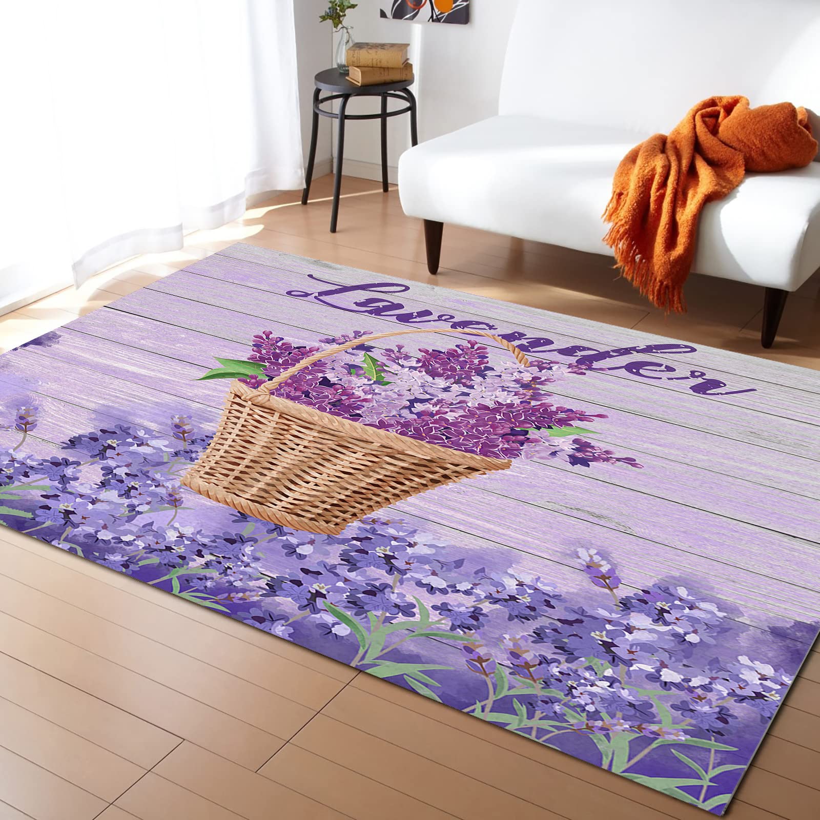 5' x 8' Lavender Floral Area Rug - Purple Flower Farmhouse Design, Washable Indoor/Outdoor Carpet with Wood Grain Texture | Perfect for Living Room, Bedroom, Bathroom, Kitchen, Hallway & Classroom Decor | Soft Floor Mat for Kids, Boys & Girls Rooms