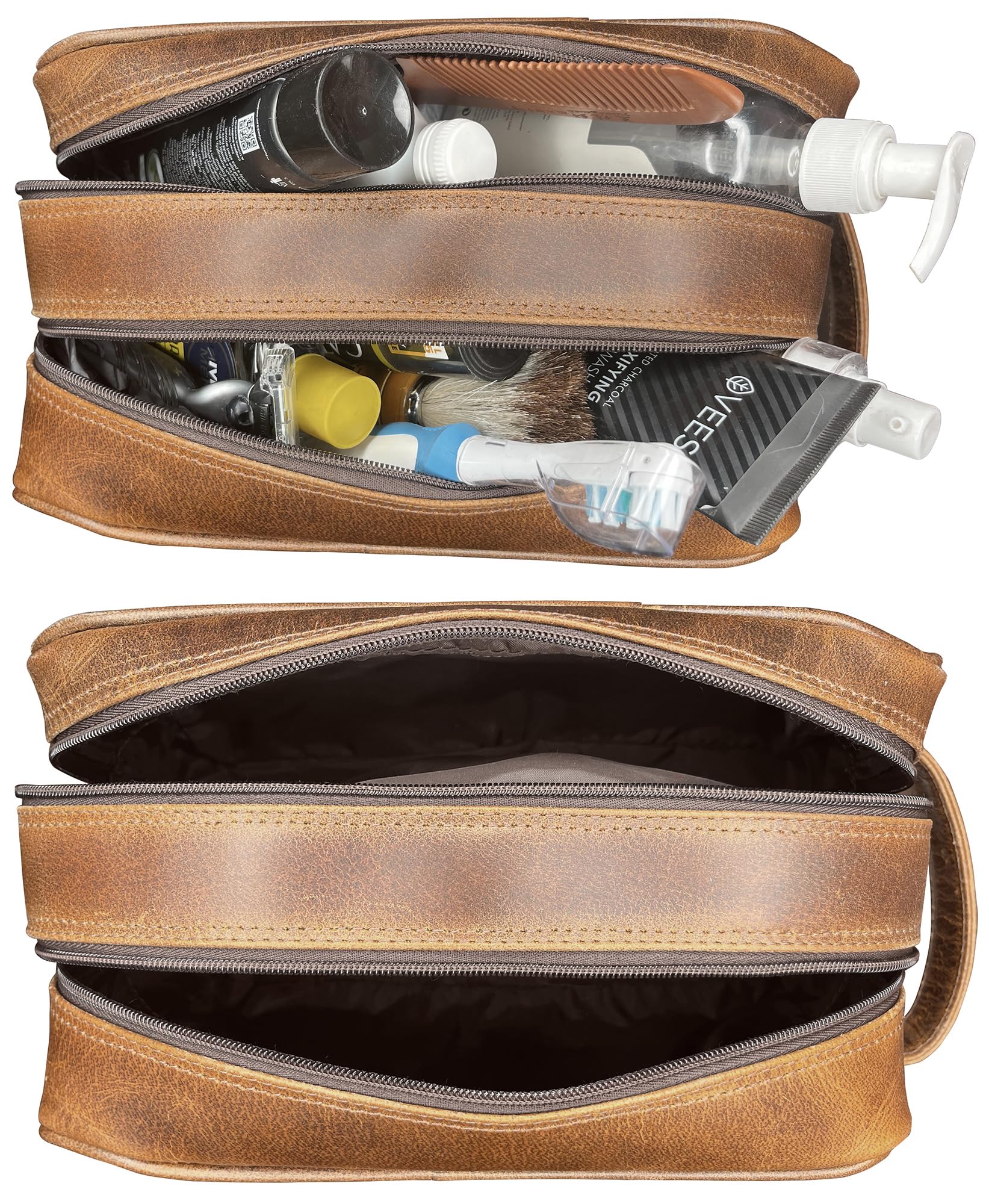 RUSTIC TOWN Genuine Leather Toiletry Bag for Men & Women - Premium Travel Shaving Dopp Kit with Multiple Pockets - Waterproof Bathroom Shower Organizer - Vintage Cosmetic Bag (Antique Brown) - Perfect for Camping, Business Trips & Gym Essentials