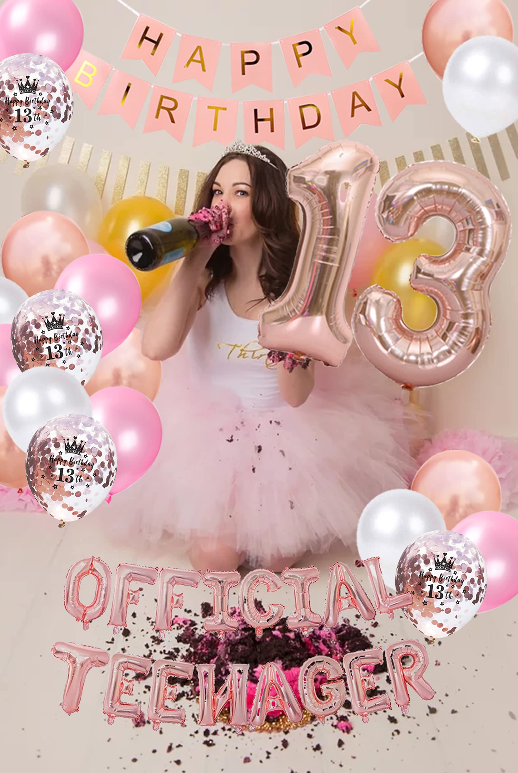 Rose Gold 13th Birthday Decorations for Girls - Teen Happy Birthday Balloons, Banner, Foil & Confetti Balloons - Official Number 13 Party Supplies for 13 Year Old Birthday Celebrations | Perfect for Teen Parties, Sweet 16 Prep & Milestone Decor