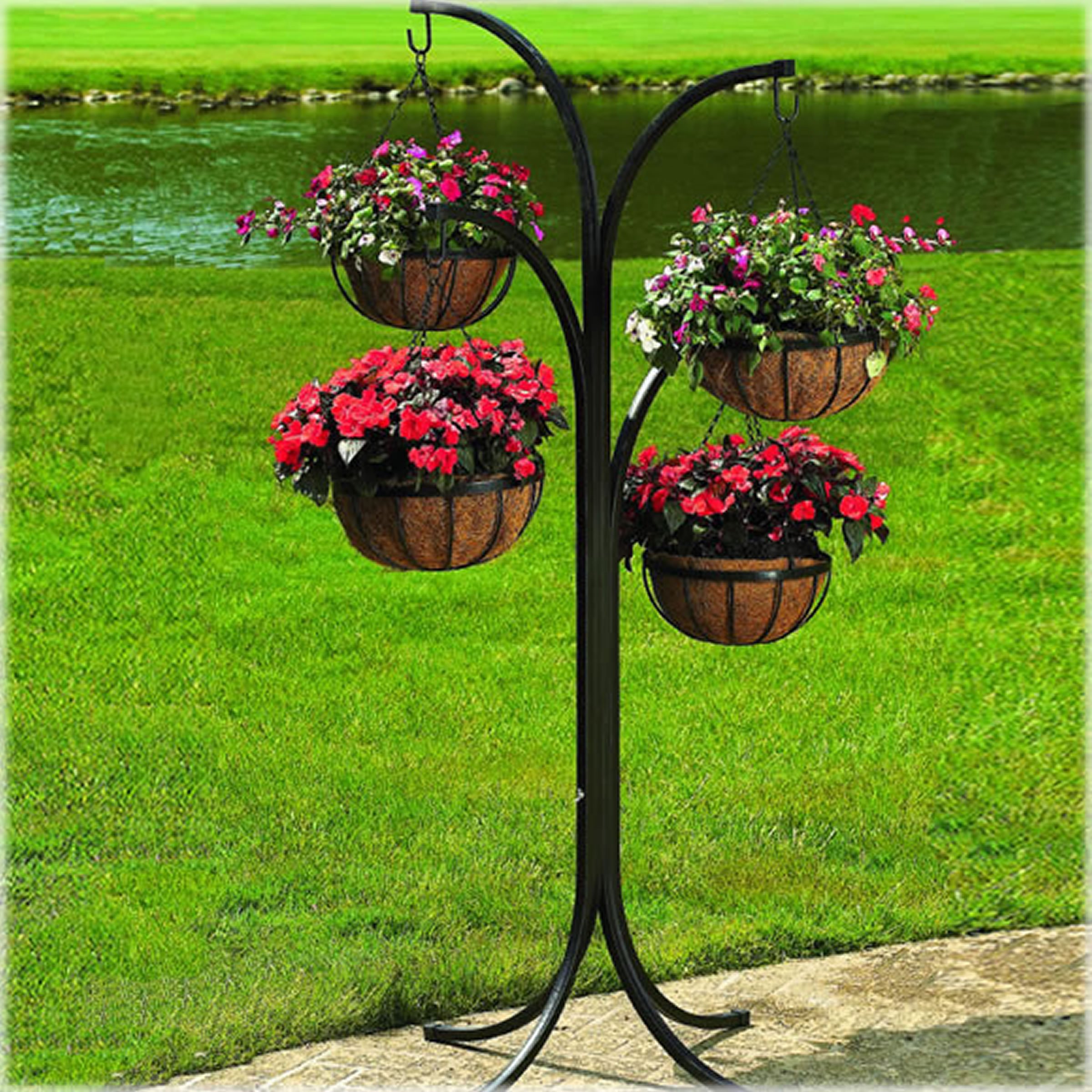 CobraCo 4-Arm Plant Stand with 4 Hanging Baskets - Indoor Outdoor Flower Holder for Patio, Garden, and Home Decor