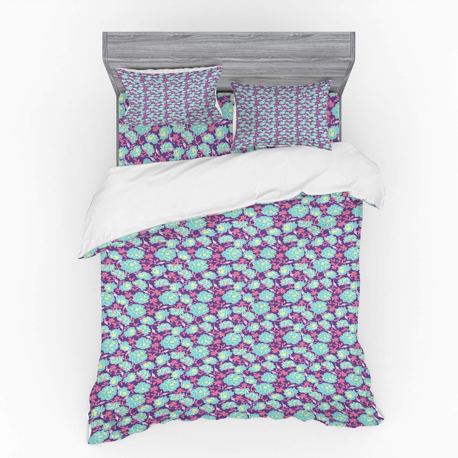 Ambesonne Floral Duvet Cover Set - 4 Piece Queen Size Bedding with Peony Design, Shams & Fitted Sheet in Seafoam Violet | Soft & Breathable for Comfortable Sleep | Perfect for Master Bedroom, Guest Room & Cozy Home Decor