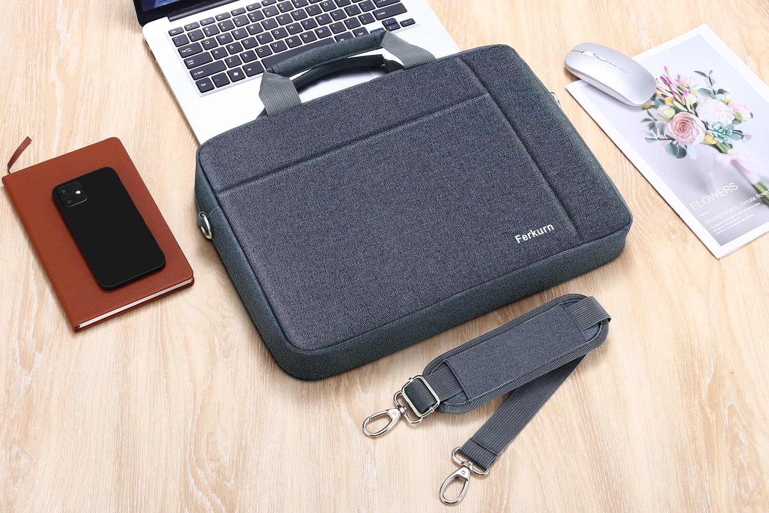 Ferkurn 14 15 15.6 Inch Laptop Bag for Women & Men - Slim Briefcase Messenger Bag Compatible with HP Pavilion, Dell Inspiron XPS, Lenovo ThinkPad, ASUS VivoBook, Acer Chromebook & More - Perfect for Work, School & Travel - Gray