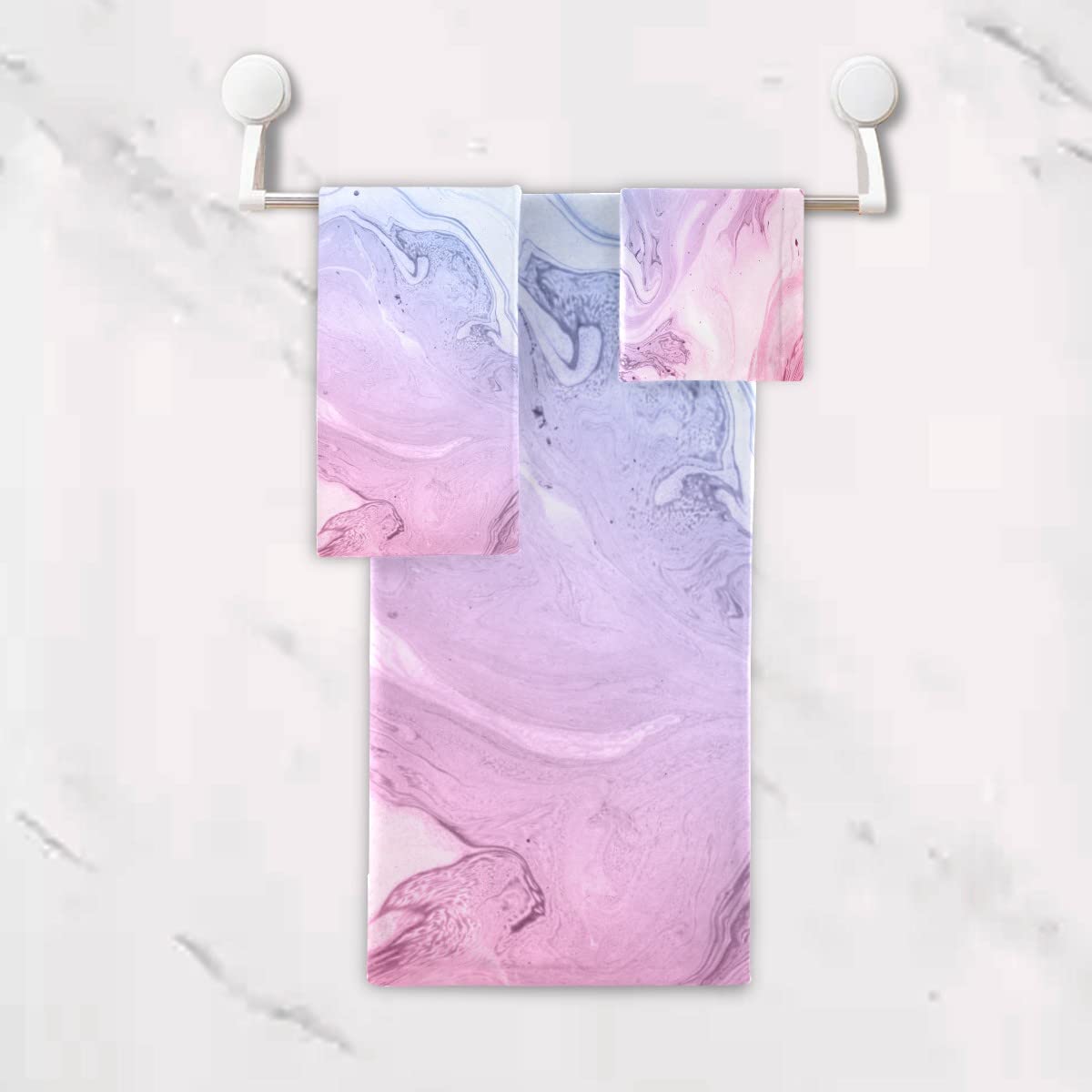 Premium 3-Piece Abstract Marble Bath Towel Set - Super Absorbent, Soft & Quick-Drying - Perfect for Bathroom, Beach, Gym & Pool Use - Pink & Blue Decorative Towels for Spa, Travel & Home Decor