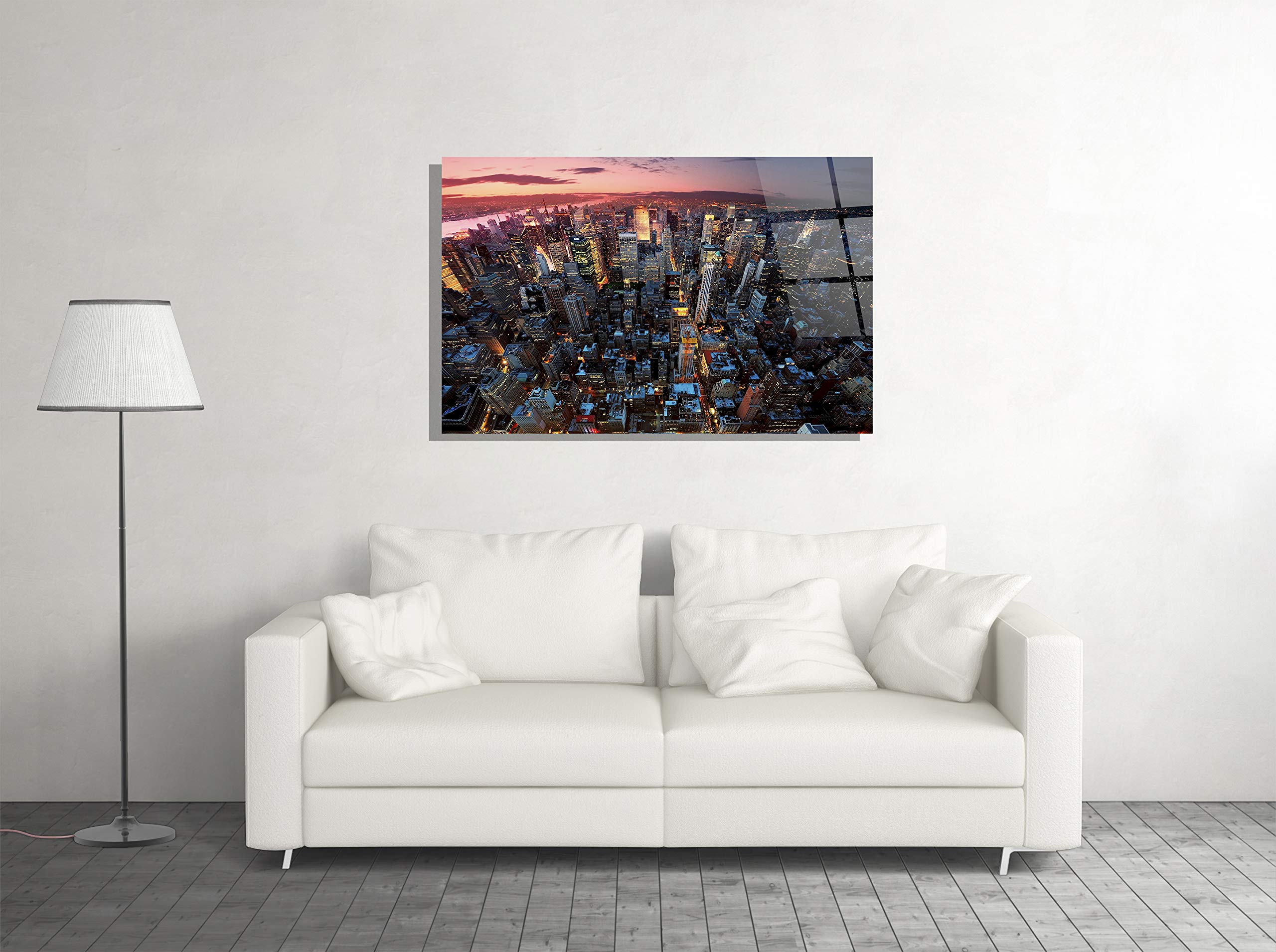 New York City Skyline Night View Canvas Wall Art - Tempered Glass NYC Skyline Poster (16x24 inch) - Modern Home Office Hotel Decor Gift for Birthday Housewarming Christmas | Perfect for Living Room Bedroom Office Lobby Decor