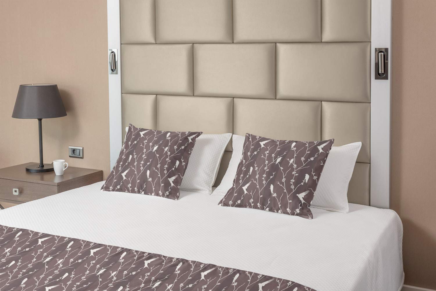 Ambesonne Birds Bed Runner Set - Silhouette of Flying Resplendent Quetzal Bird Among Vertical Branches, Decorative Bedding Scarf with 2 Pillow Shams for Hotels & Homes, Ivory Taupe & Dimgrey - Perfect for Bohemian & Nature-Inspired Bedroom Decor