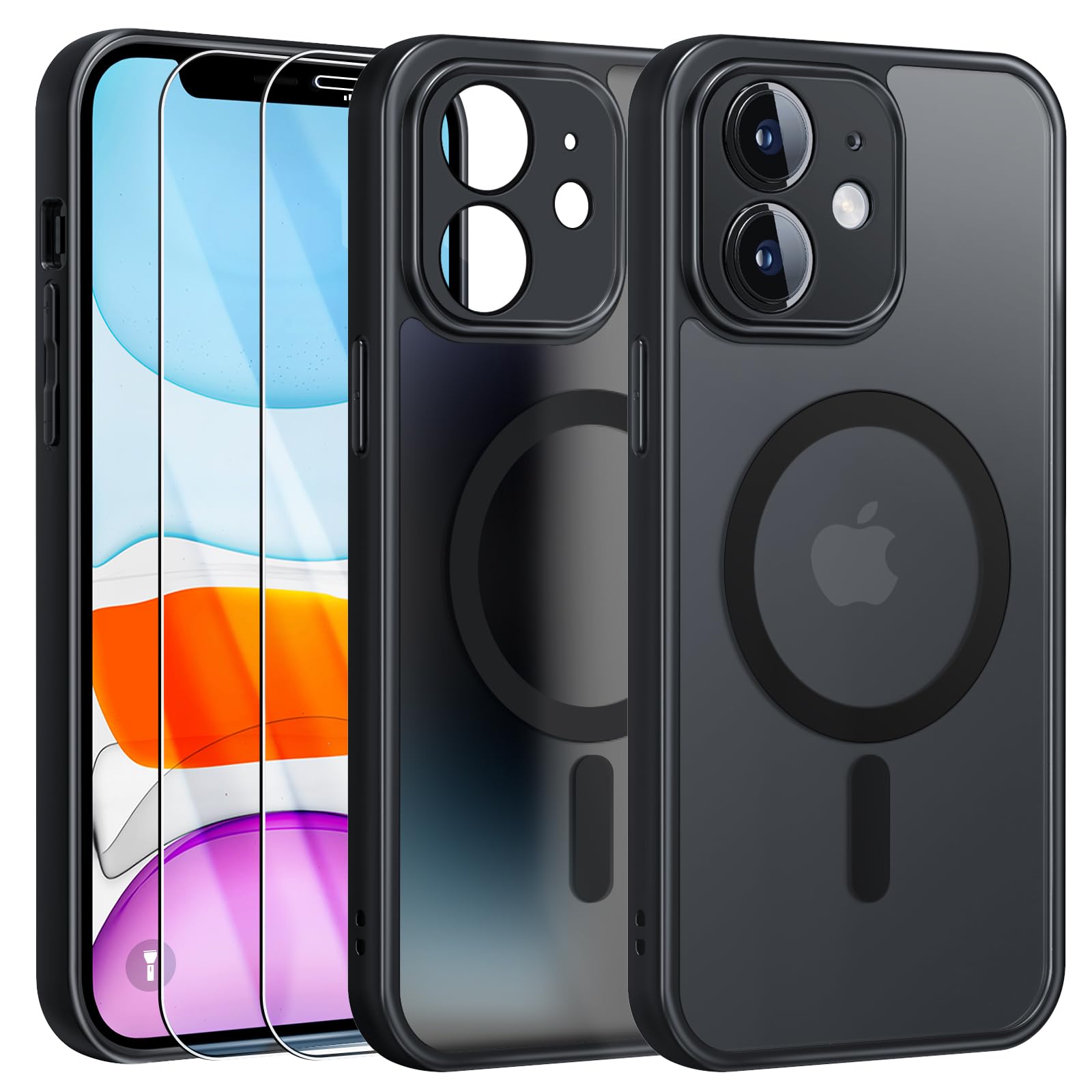 Magnetic Case for iPhone 11 with 2 Tempered Glass Screen Protectors | Magsafe Compatible | Full Lens Protection | Slim Matte Translucent Shockproof Cover - Perfect for Daily Use, Travel & Outdoor Activities (Black)