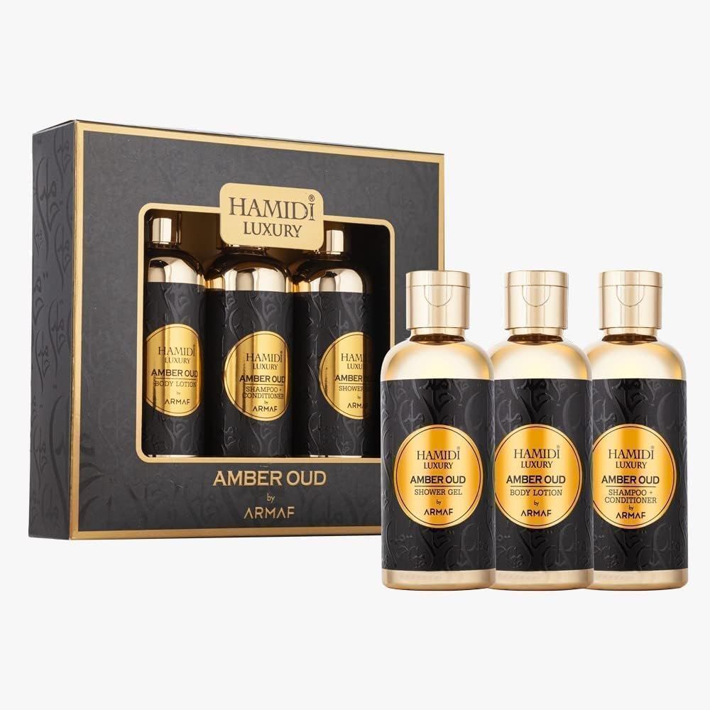 Armaf Hamidi Luxury Amber Oud 3-Piece Gift Set for Men & Women - 95ml Shower Gel, Body Lotion & 2-in-1 Shampoo Conditioner | Alcohol-Free Hair & Skin Care | Perfect for Daily Use, Travel & Gifting