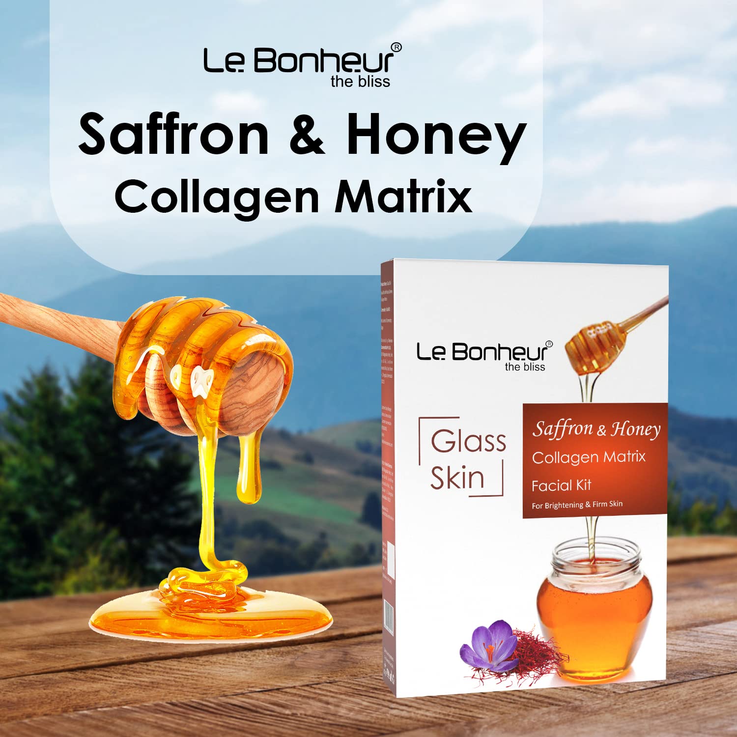 Le Bonheur Glass Skin Saffron & Honey Collagen Matrix Facial Kit - Anti-Aging, Brightening & Hydrating Skincare Set for Glowing Complexion | 7-Step Routine for Dry, Dull Skin | Perfect for Nighttime Skincare & Pre-Makeup Prep