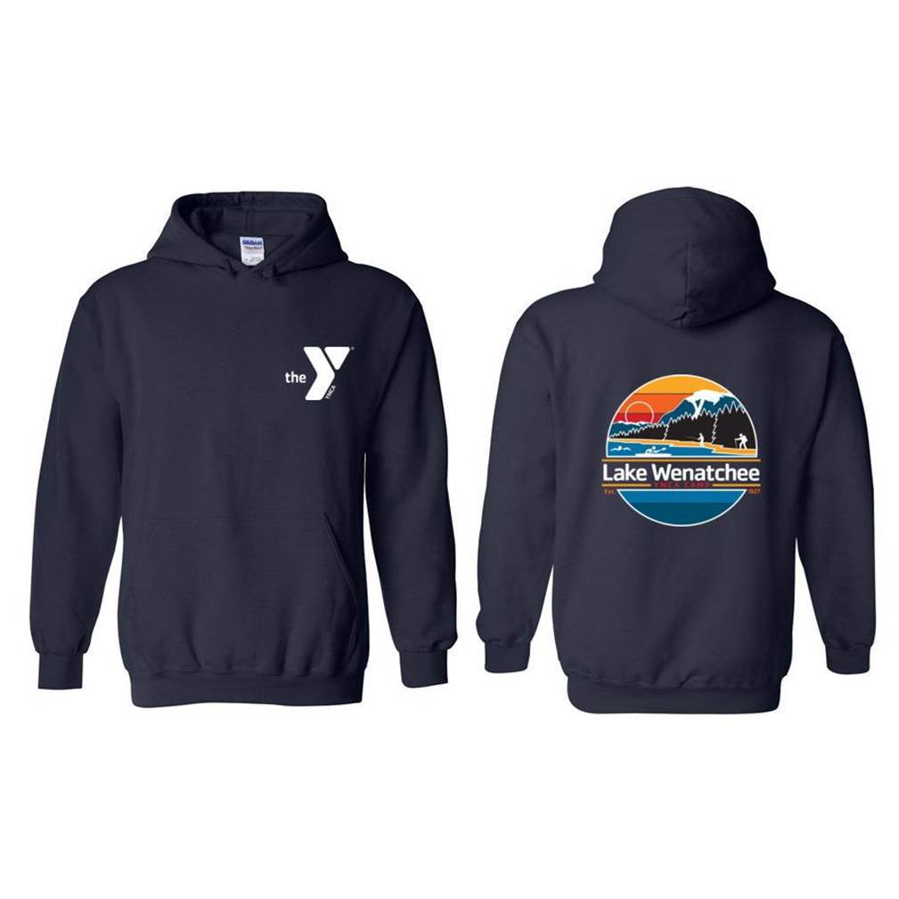 Lake Wenatchee Navy Double-Sided Pullover Hoodie with Lake Logo - Cozy Unisex Sweatshirt for Outdoor Adventures & Casual Wear