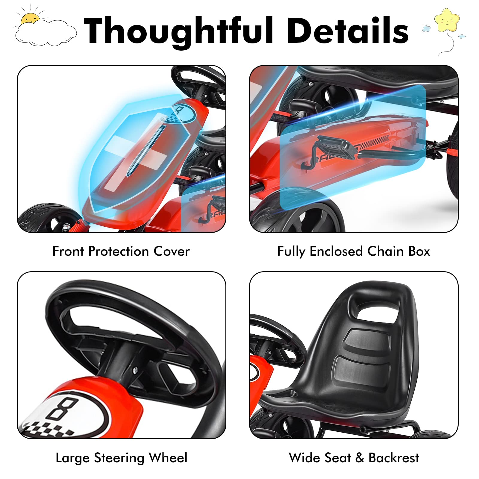 OLAKIDS 4 Wheel Pedal Go Kart for Kids - Adjustable Bucket Seat, EVA Tires with Clutch & Manual Brake - Outdoor & Indoor Ride On Toy Car for Boys & Girls (Red) - Perfect for Backyard Racing, Driveway Play & Indoor Fun