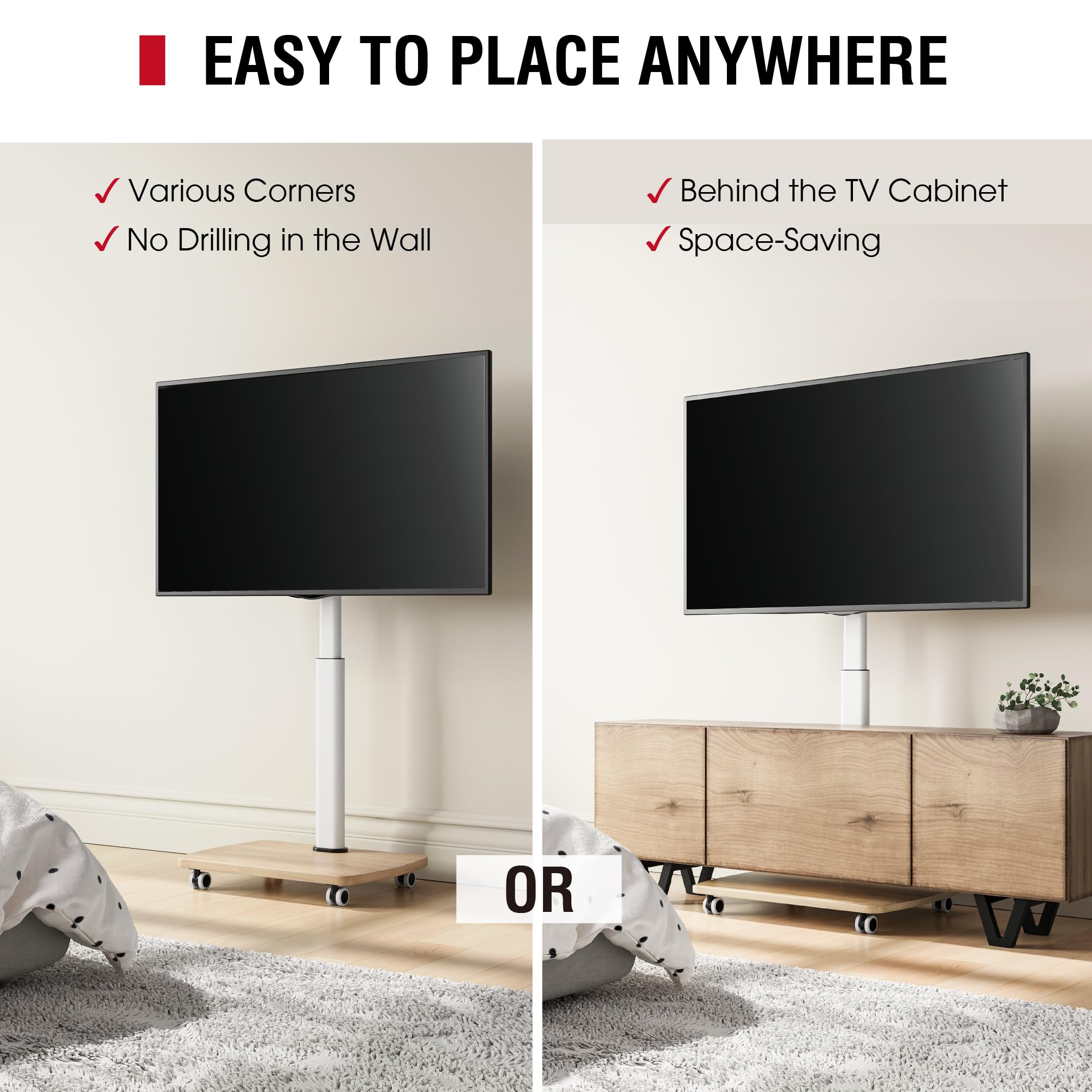 Portable Rolling TV Stand with Wheels for 32-65 Inch TVs - 8-Level Height Adjustable, 12° Tilt & 60° Swivel - Supports up to 88Lbs - White - Perfect for Living Rooms, Bedrooms, and Outdoor Spaces