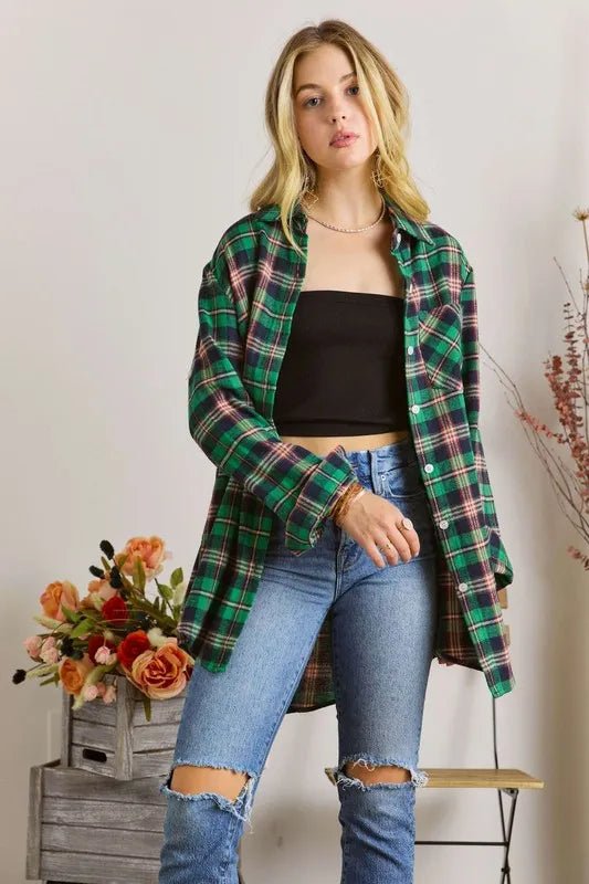 ADORA Women's Plus Size Classic Plaid Button Down Shirt with Roll-Up Sleeves - Casual Office Wear & Fall Layering Essential