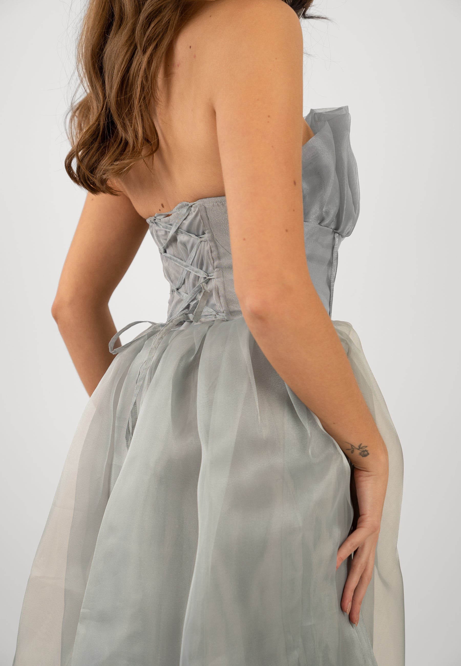 Elegant Grey Organza Midi Dress for Women | Noah Formal & Party Dress | Perfect for Weddings, Cocktail Parties & Special Occasions
