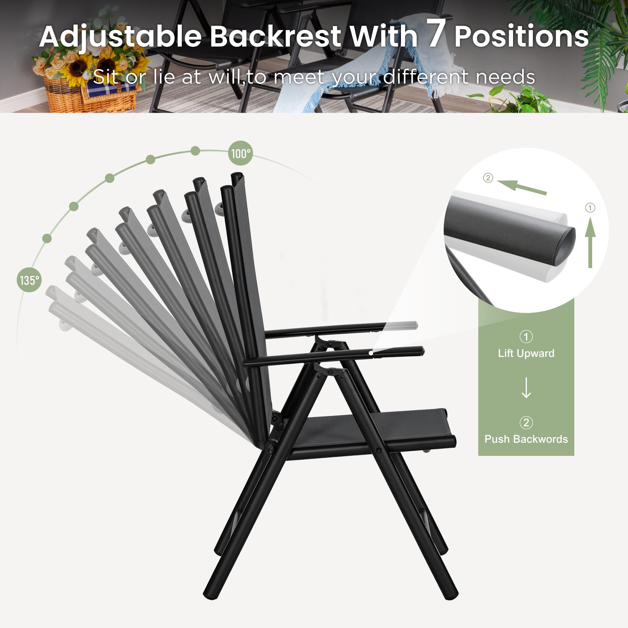 PHI VILLA 7-Piece Outdoor Patio Dining Set with 6 Adjustable Folding Chairs & Beige Umbrella - Black Wicker Furniture for Backyard, Garden, Poolside or Terrace Dining
