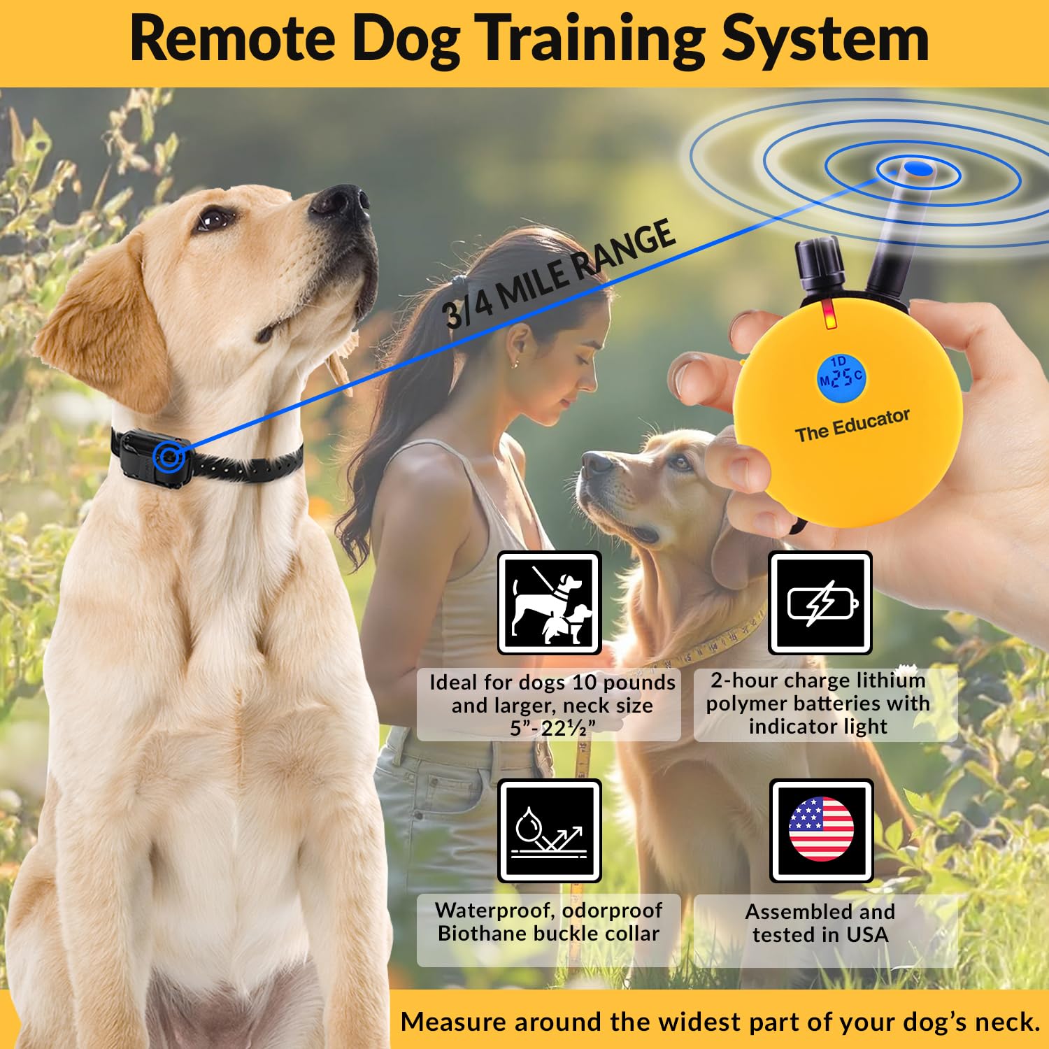 Humane Dog Training Collar with Remote - 100 Safe Stimulation Levels, Waterproof & Rechargeable E-Collar for Small to Medium Dogs (3/4 Mile Range, Night Light, Yellow) - Perfect for Obedience Training, Bark Control & Outdoor Adventures