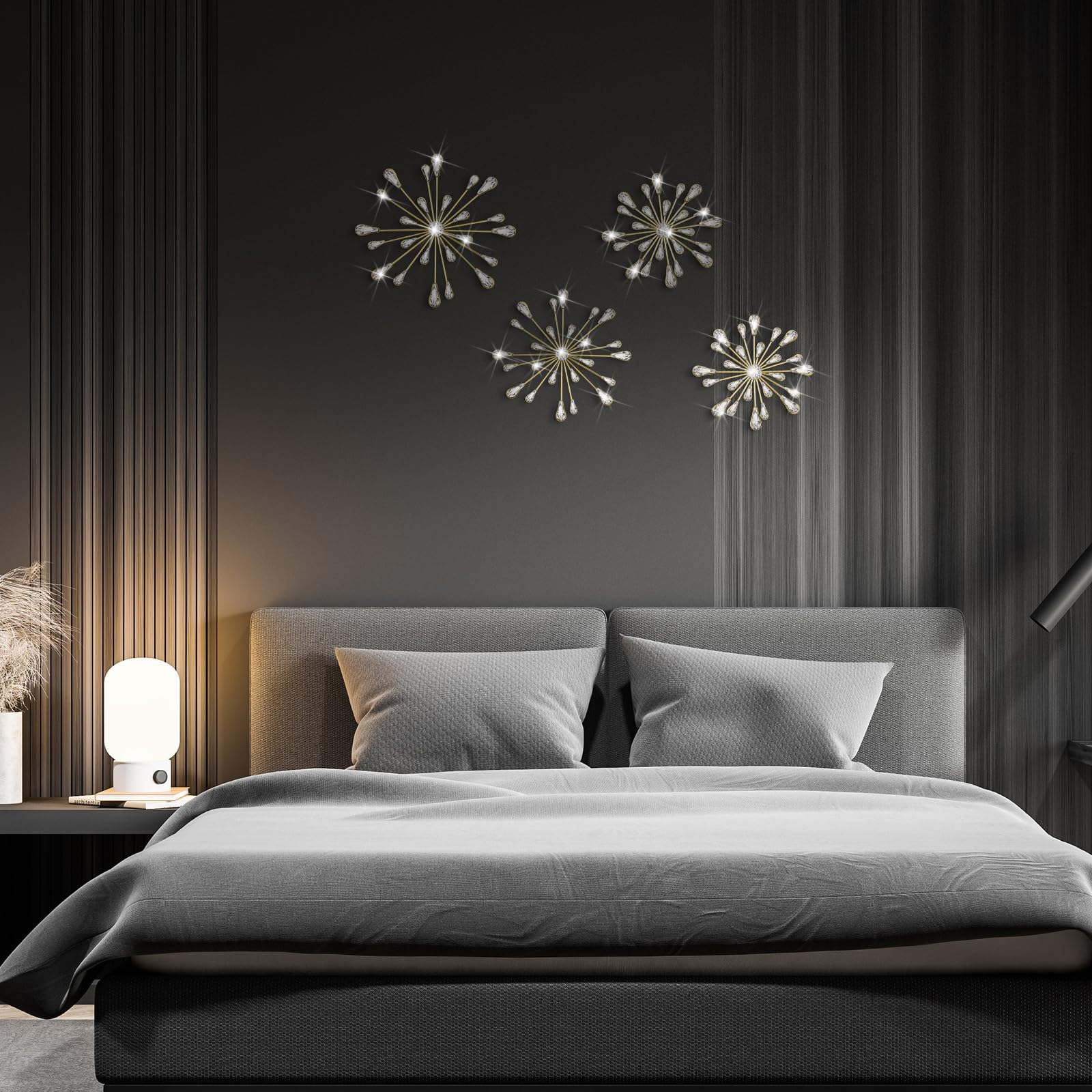 Hicarer 4-Piece Starburst Wall Decor Set - Crystal Teardrop 3D Hanging Rhinestone Radial Metal Artwork, Modern Gold Accent Sculptures for Living Room, Home Office, Bedroom - Perfect for Home Decor, Wedding, Party & Gift Giving
