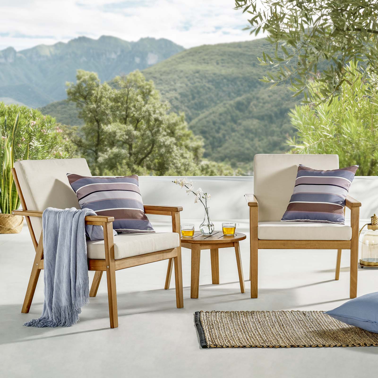 Premium Vero 3-Piece Outdoor Patio Furniture Set - Ash Wood Dining Table with Chairs for Backyard, Garden & Poolside Relaxation