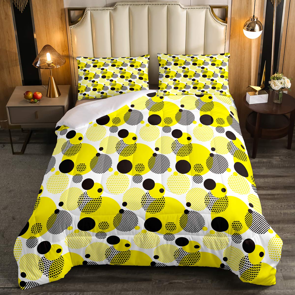 Geometric Down Comforter Set - Yellow & Black Polka Dot Full Size Bedding with 1 Comforter & 2 Pillowcases - Abstract Art Quilt for Kids, Boys & Girls - Perfect for Nursery, Bedroom Decor & Cozy Sleep