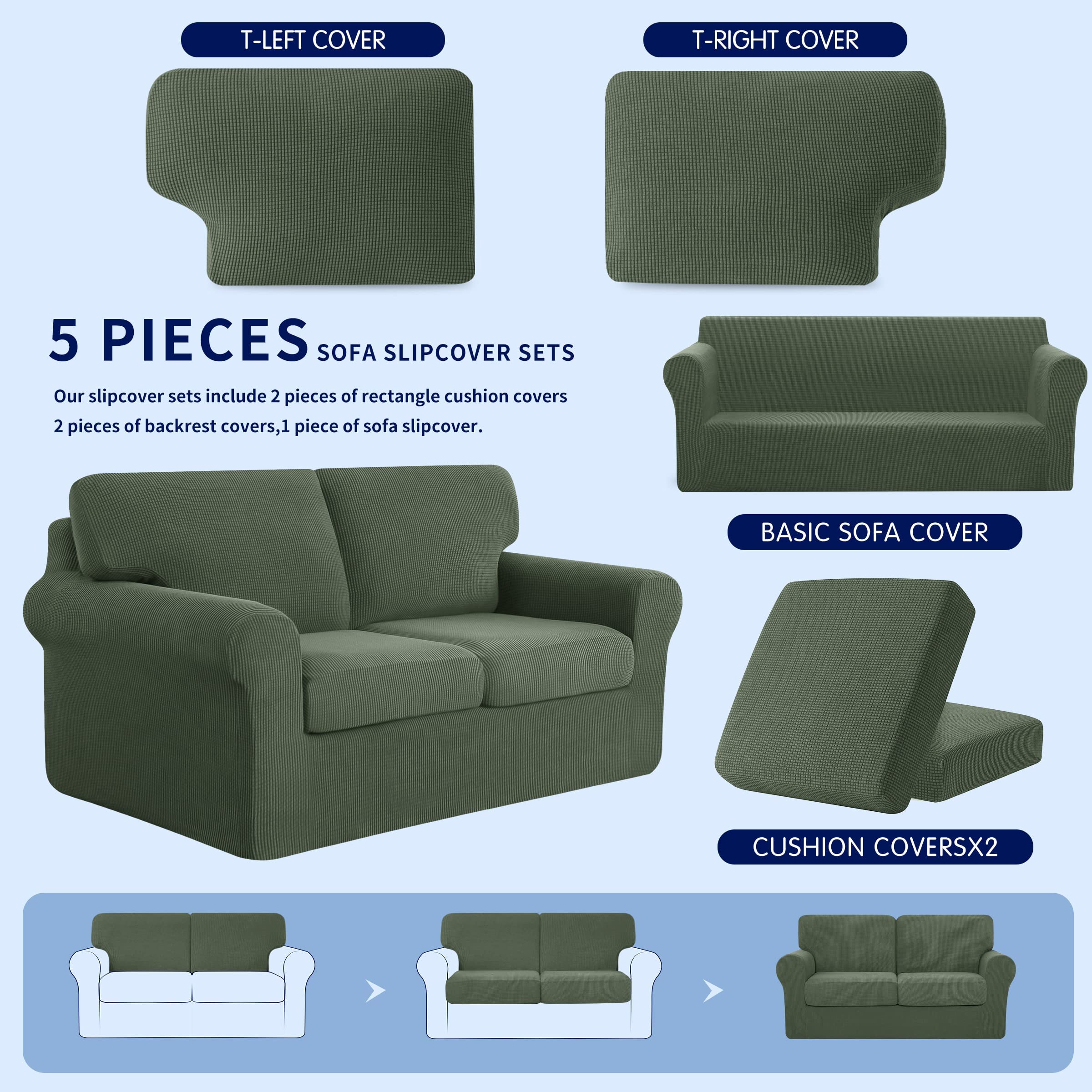 SUBRTEX 5-Piece Loveseat Cover & 7-Piece Sofa Cover Set - Stretch Couch Slipcover with Separate Backrest & Cushion Covers - Perfect for Living Room Furniture Protection (Medium/Large, Olive Drab) - Ideal for Pet Owners, Kids & Home Decor Refresh