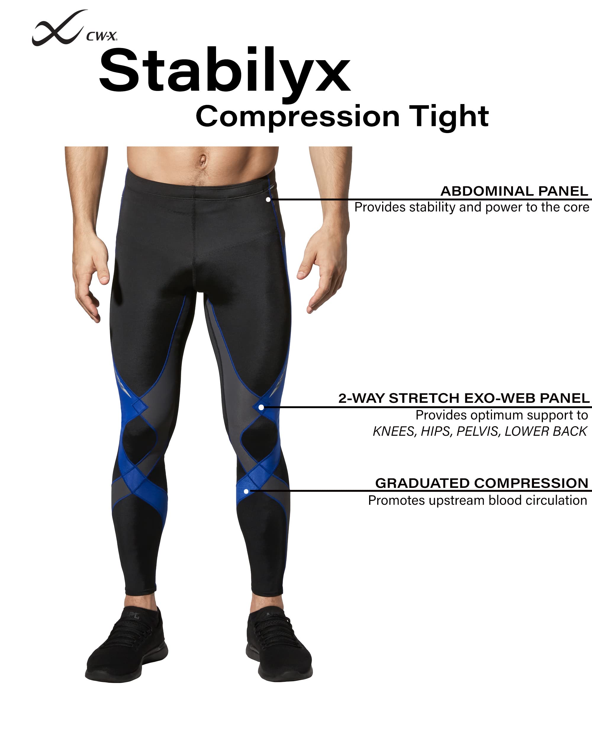 CW-X Men's Stabilyx Joint Support Compression Tights - Running, Workout & Recovery Pants for Athletes - Ideal for Marathon Training, Gym Workouts & Post-Exercise Muscle Recovery