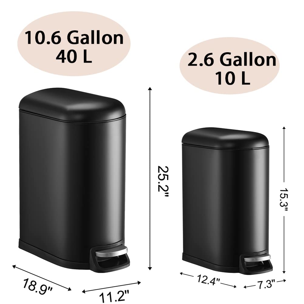 Black Step-on Metal Kitchen Trash Can Set with Lid - 10.6 & 2.6 Gallon Combo for Kitchen, Office, Bathroom - Odor Control & Hands-Free Waste Disposal for Home & Commercial Use
