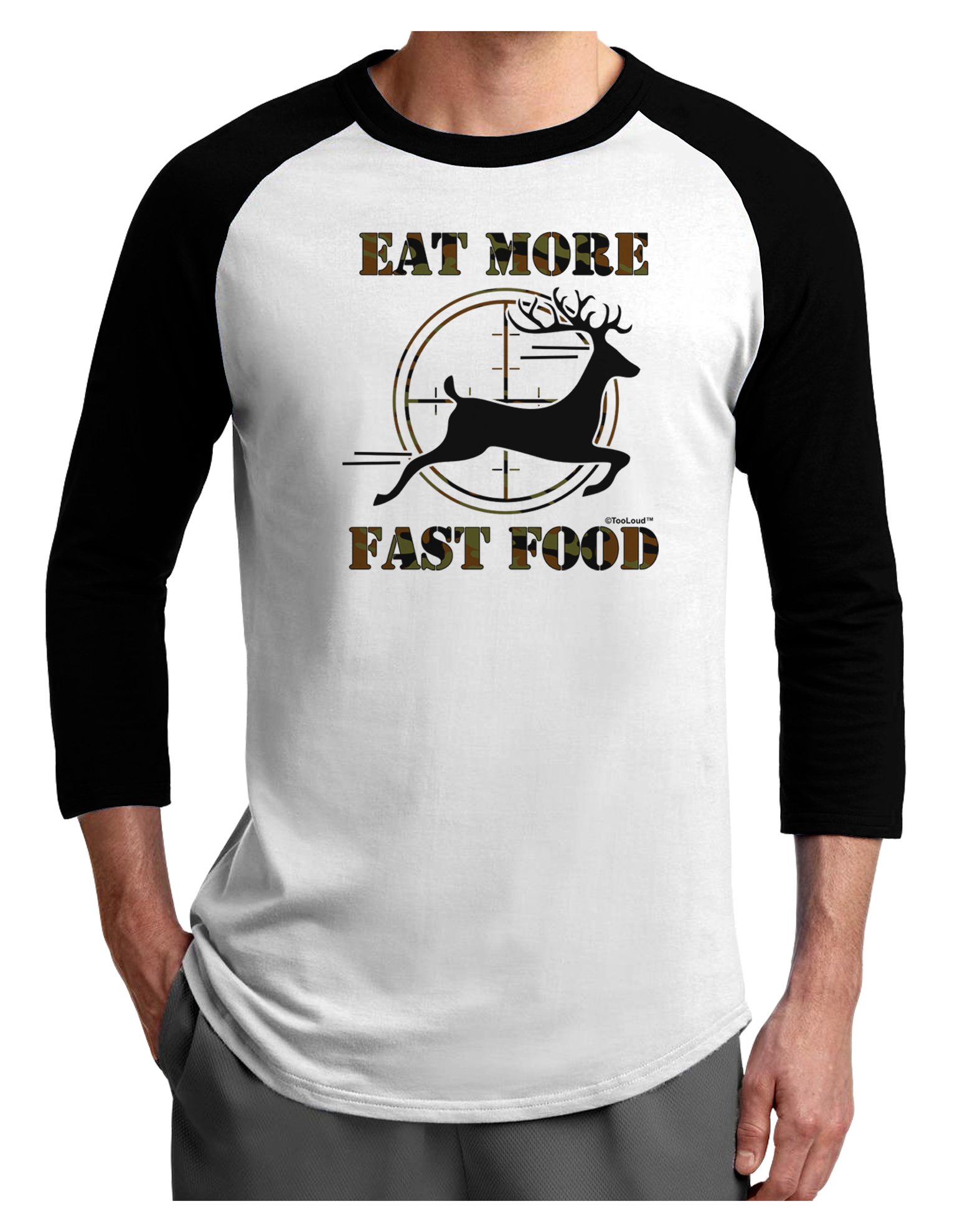TooLoud Eat More Fast Food Deer Print Raglan Shirt for Adults - Casual & Funny Graphic Tee for Fast Food Lovers, Streetwear, Parties, and Gifts
