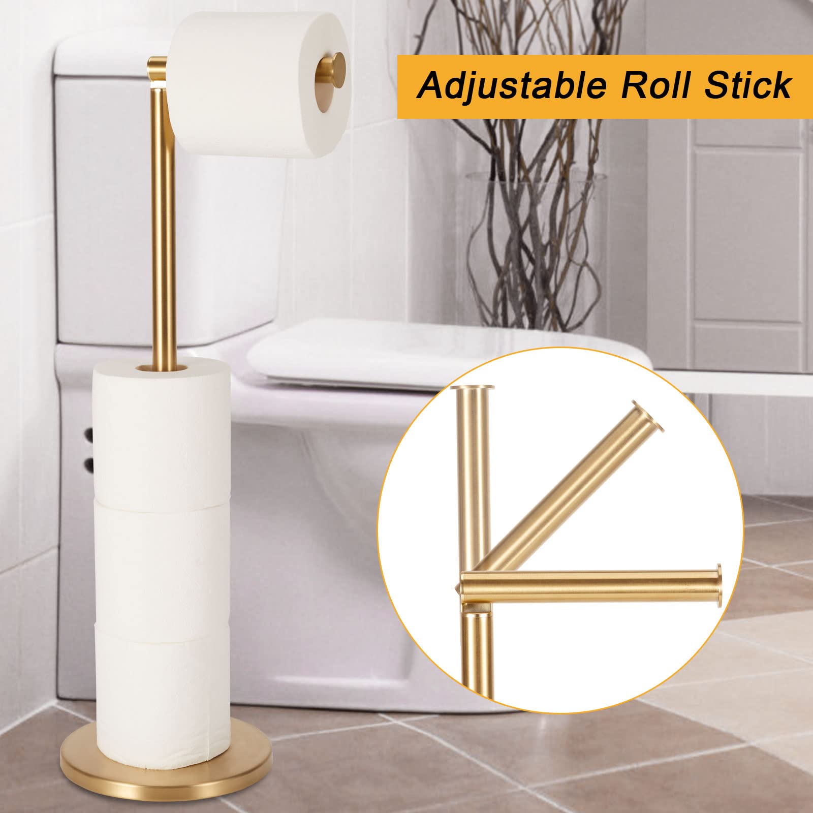 Stainless Steel Free Standing Toilet Paper Holder Stand - Gold Bathroom Tissue Roll Pedestal for Modern & Luxury Home Decor
