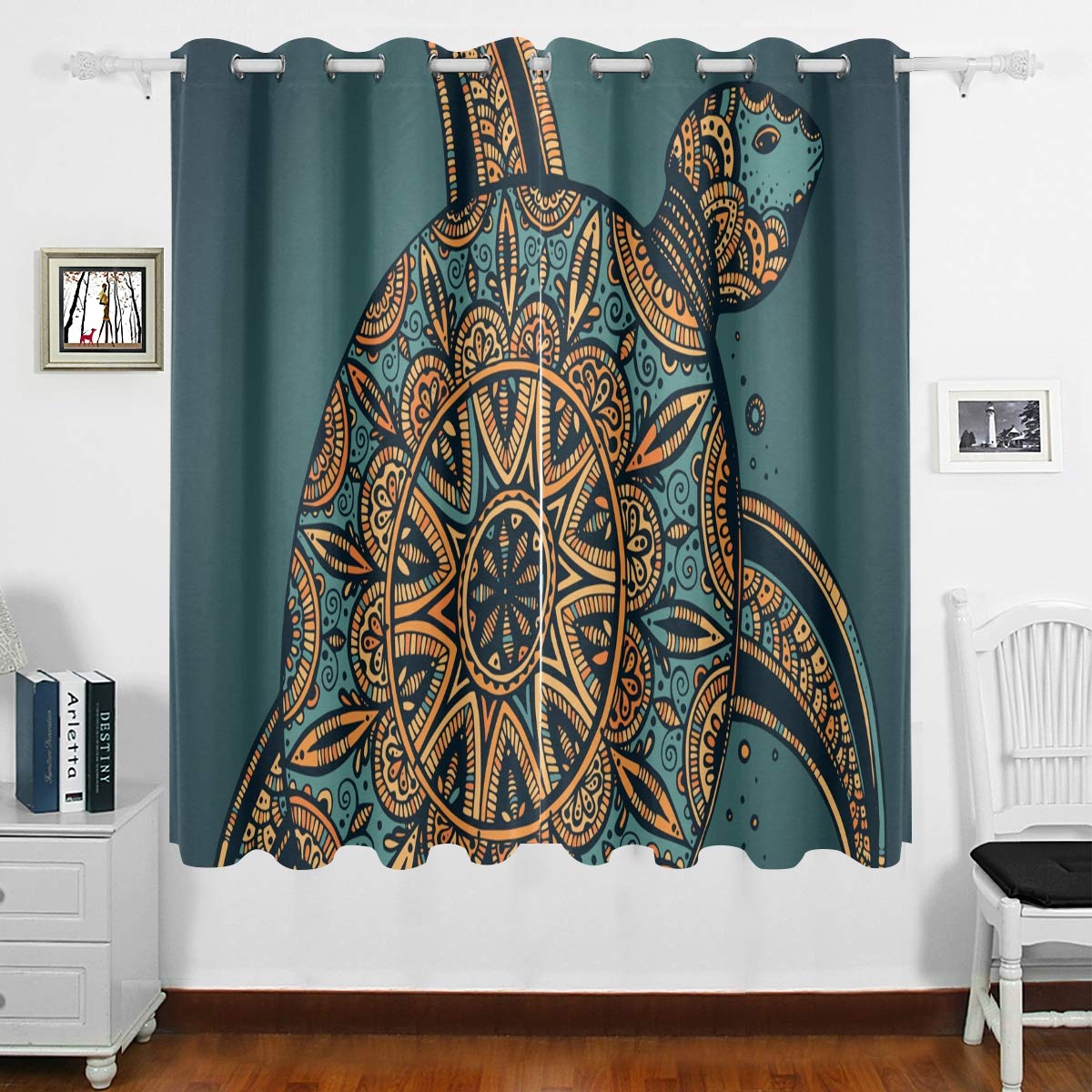 DOMIKING Blackout Curtains for Bedroom & Living Room - Thermal Insulated Turtle Doodle Design Grommet Drapes (63x55 Inch) | Perfect for Kids Room, Nursery & Home Decor