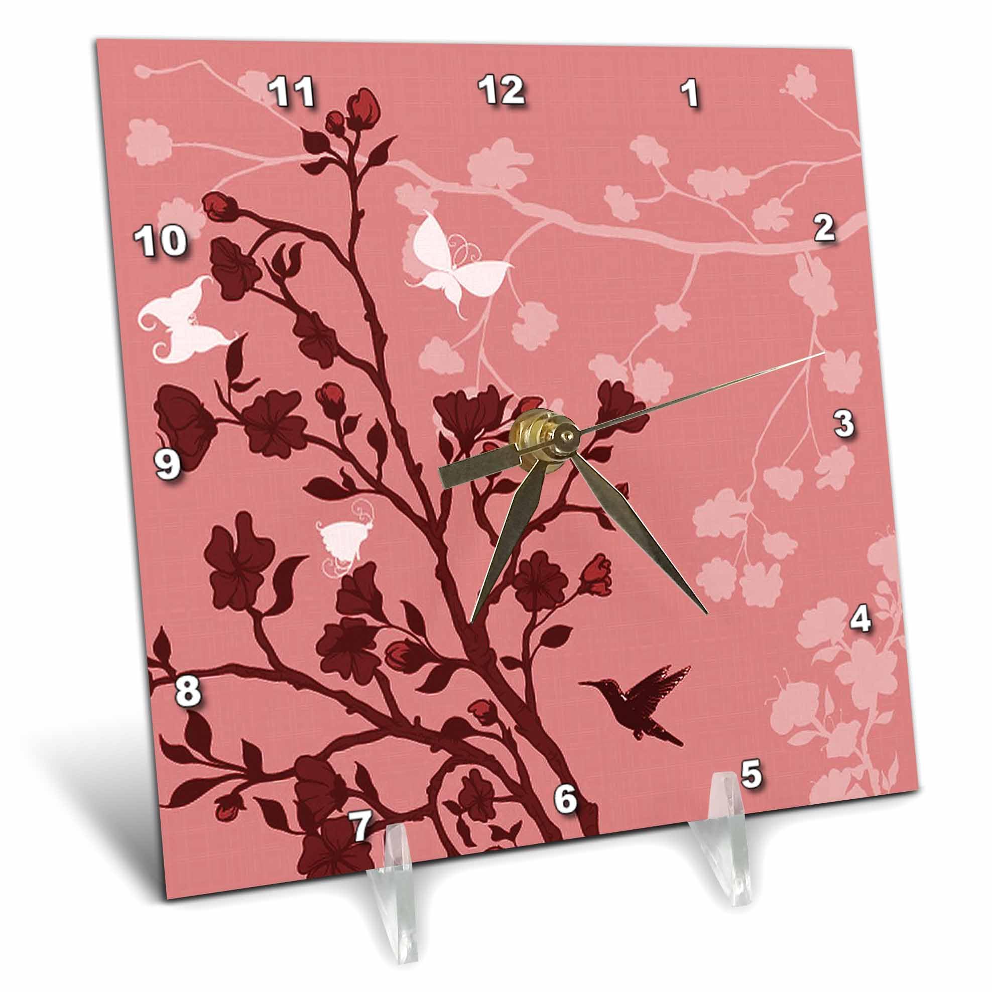 3D Rose Red Cherry Blossoms with Hummingbird & Butterflies Desk Clock - 6x6 Inch Elegant Home Office Decor | Perfect for Desk, Shelf, or Gift Giving
