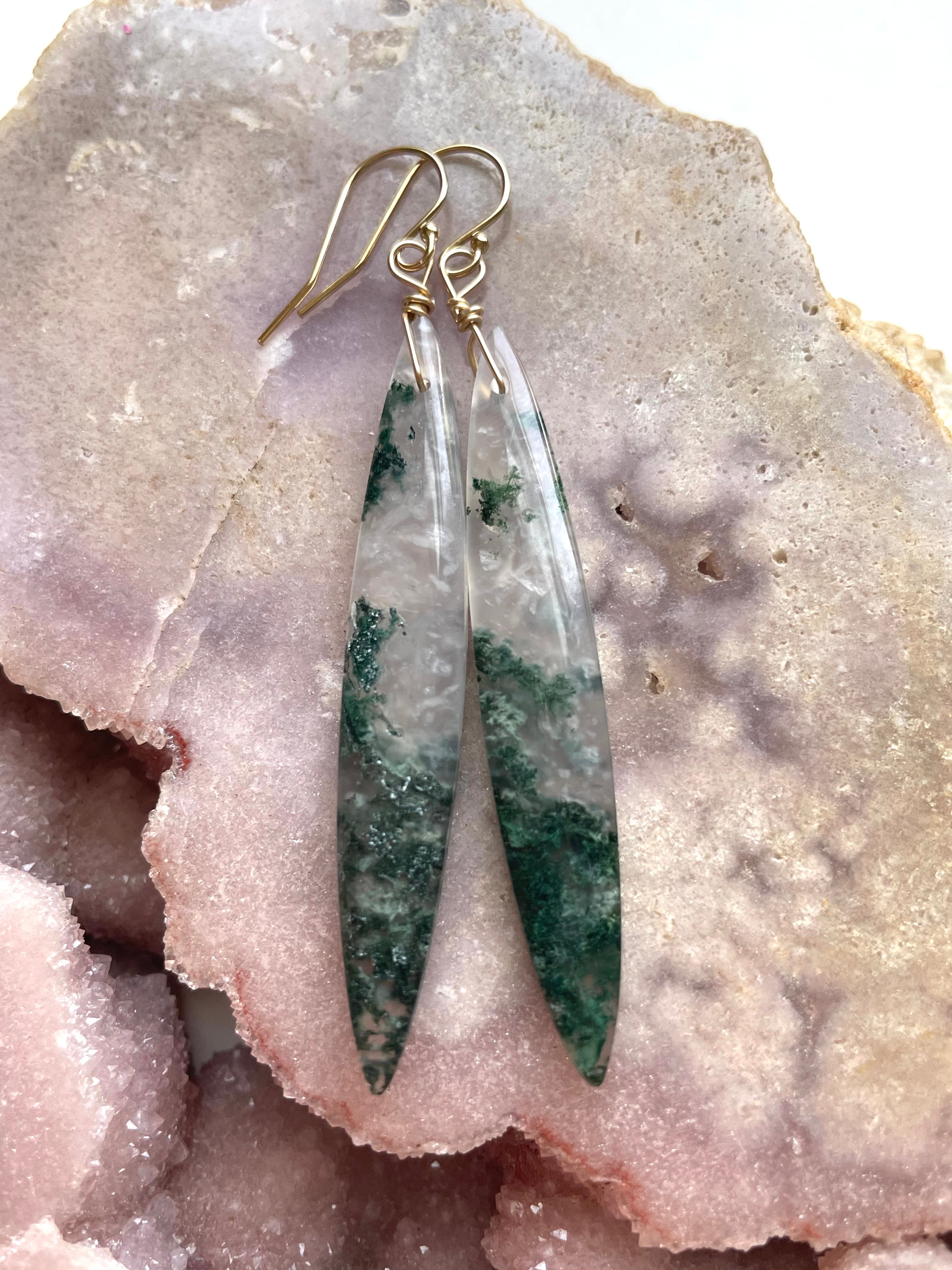 Elegant Moss Agate Dangle Earrings in Gold Fill - Perfect for Boho, Wedding & Evening Wear