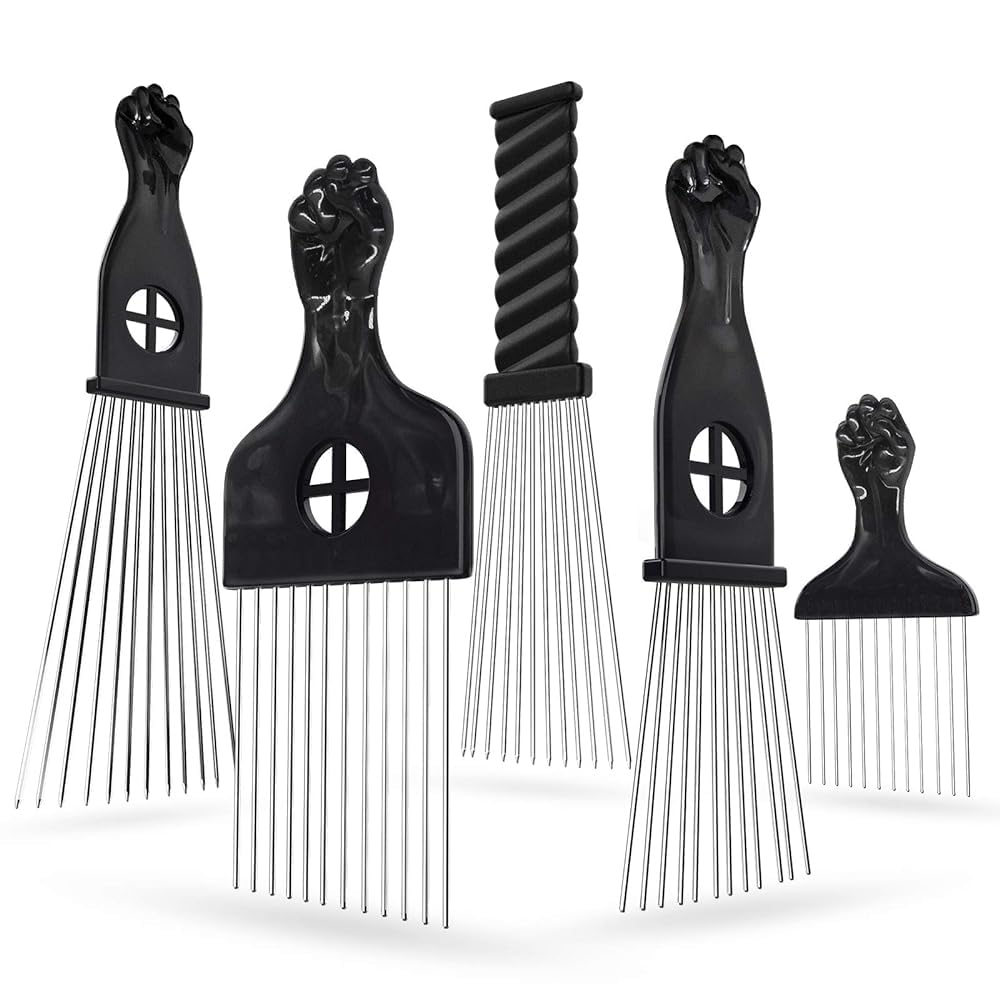 5 Pack Afro Pick Combs - Metal Hair Picks for Curly & Afro Hair Styling - Durable Hair Styling Tools for African American Hair - Perfect for Salon, Home Use & Travel Accessories