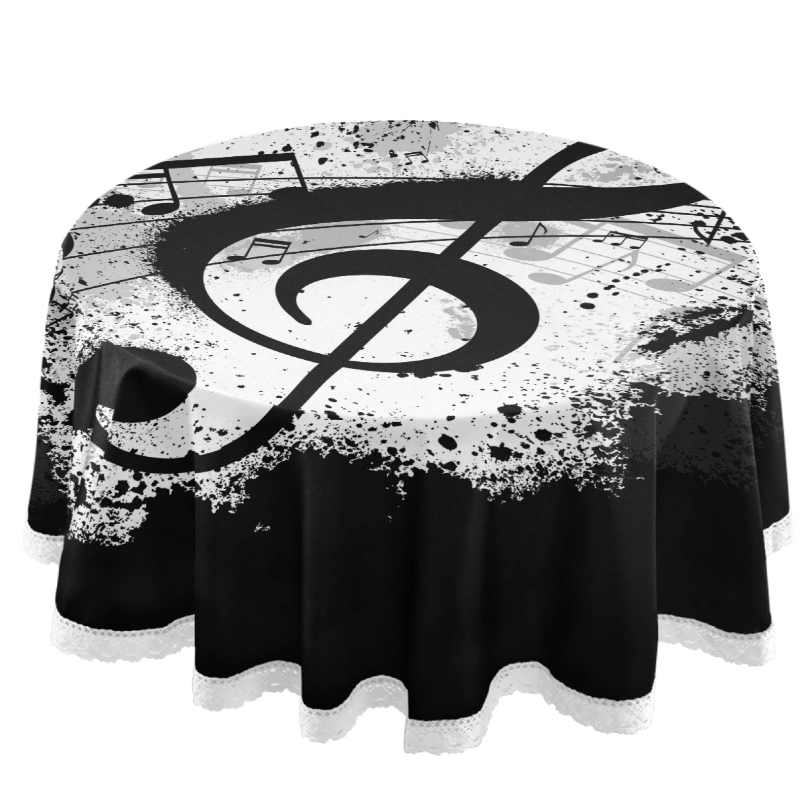 60 Inch Round Black Music Notes Tablecloth with White Lace Trim - Retro Musical Polyester Table Cover for Party Decor, Dinner Table Setting & Home Decoration