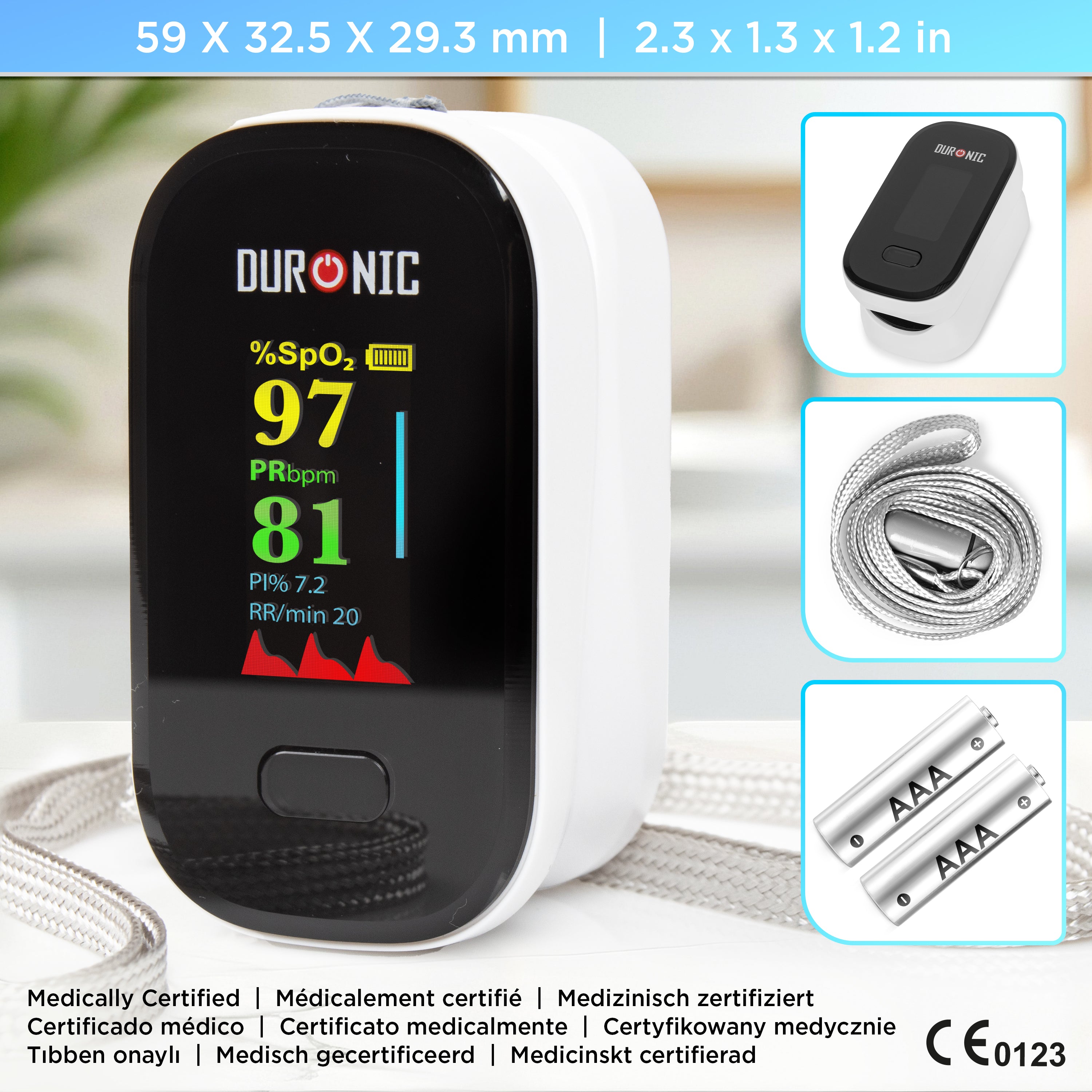 Duronic OX02 Finger Pulse Oximeter - Accurate Blood Oxygen Saturation (SpO2) & Heart Rate Monitor with Digital Display - CE Certified, Latex Free, Portable for Home & Travel Use - Perfect for Athletes, Pilots, and Health Monitoring