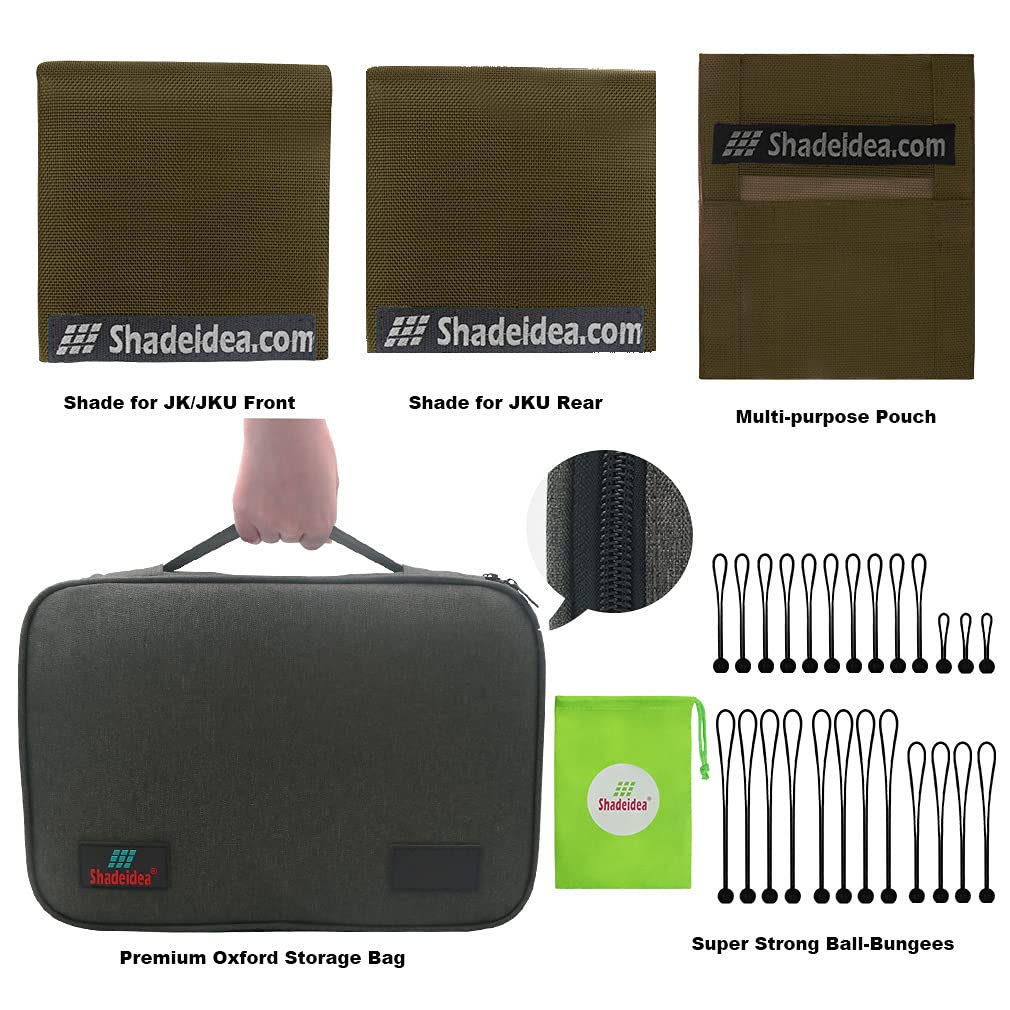 Shadeidea JK Sun Shade Top for Jeep Wrangler JKU (2007-2018) - Soft Mesh Roof Cover with UV Protection & Wind Noise Reduction - 4-Door 2-Piece Set in Tank Green - 10 Year Warranty - Perfect for Off-Roading, Beach Trips & Summer Adventures