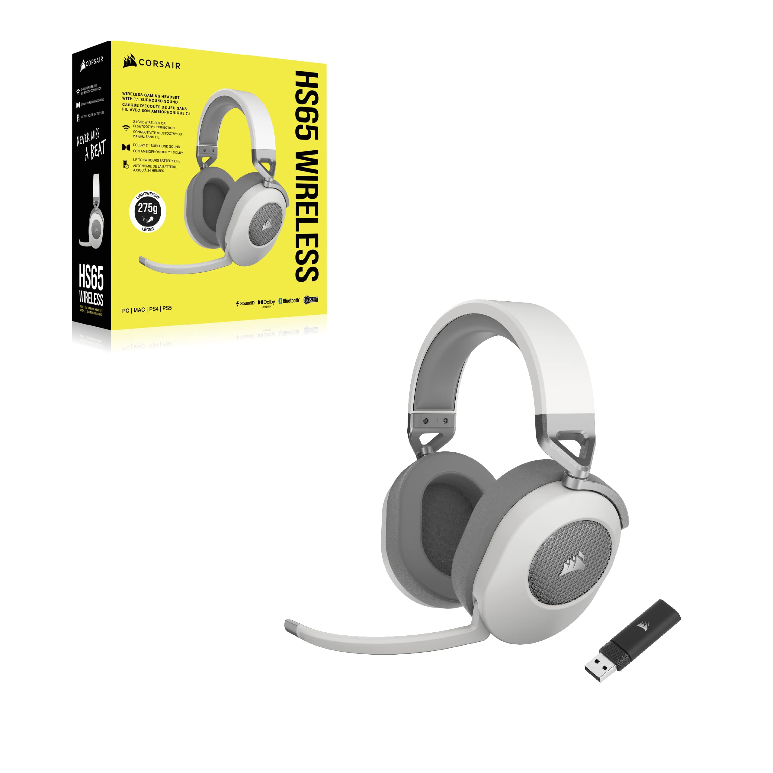 Corsair HS65 Wireless Gaming Headset - Low-Latency 2.4GHz/Bluetooth, Dolby Audio 7.1 Surround Sound, Lightweight Design, Omni-Directional Mic, On-Ear Controls - White - Perfect for PC, PS5, Xbox & Mobile Gaming