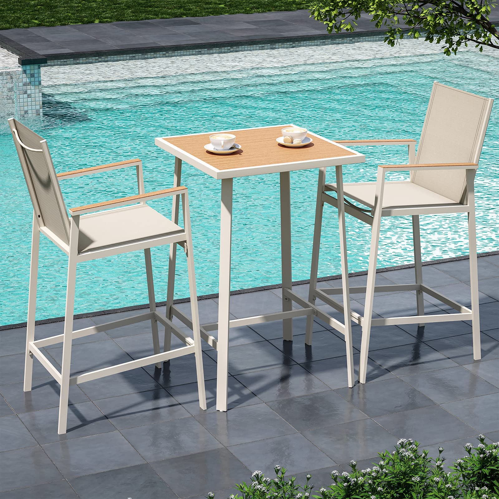 LAUSAINT HOME 3-Piece Patio Bar Set - All-Weather Textilene Outdoor Bar Table & Chairs with Wood-Look Tabletop, Metal Counter-Height Stools - Perfect for Garden, Deck, Balcony, Backyard & Poolside Relaxation