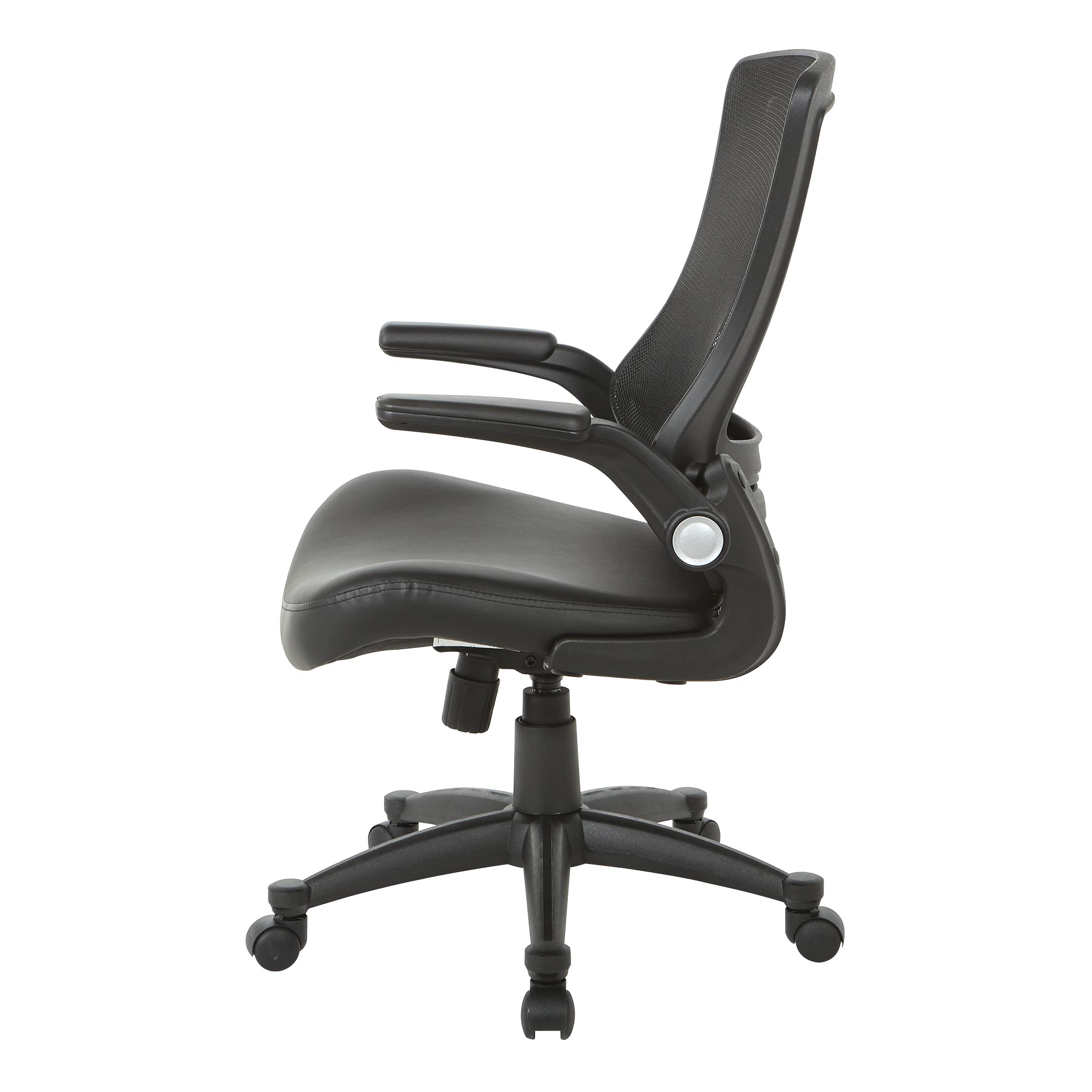 Office Star Ventilated Black Mesh Back Fully Adjustable Ergonomic Office Chair with Padded Flip-Up Arms and Swivel Nylon Base - Black Faux Leather Executive Chair for Home Office & Workspace