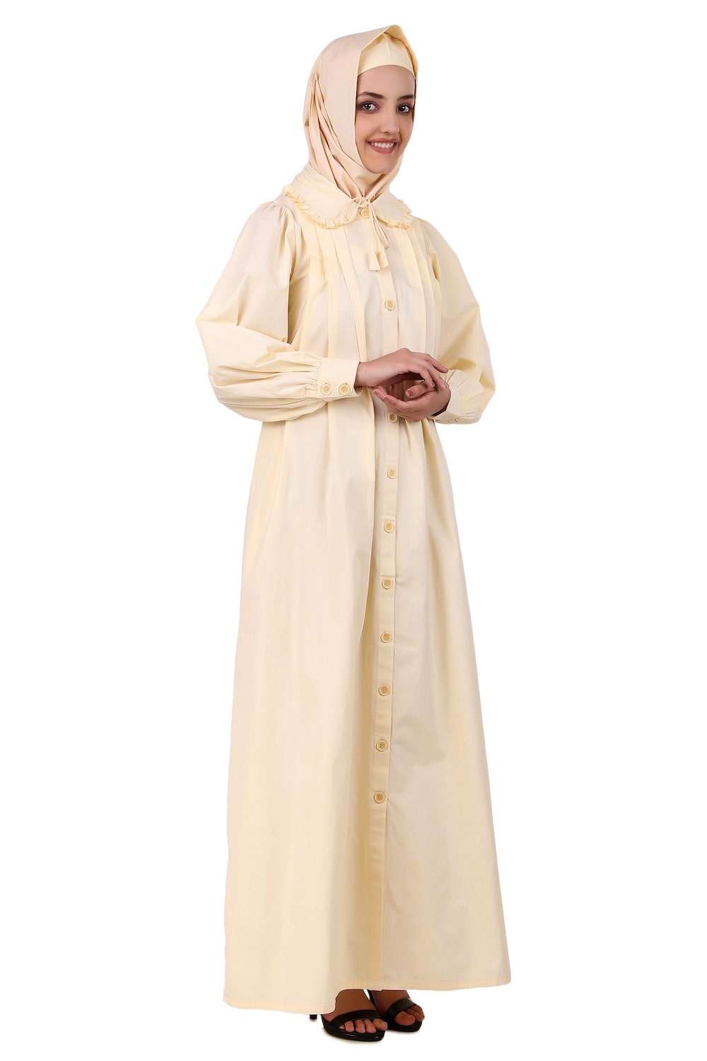 Front Open Cotton Cream Color Abaya - Modest Muslim Dress for Women - Perfect for Prayer, Mosque, and Everyday Wear