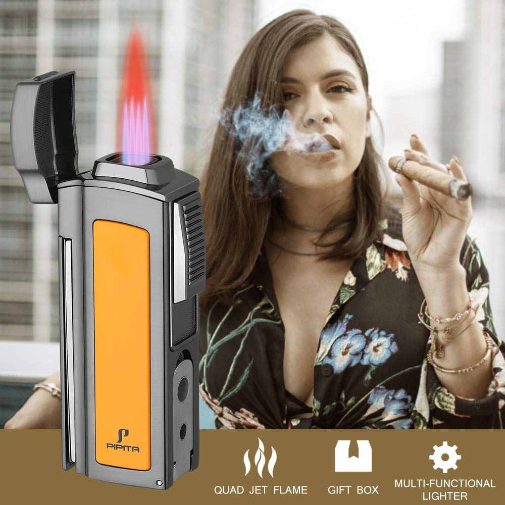 PIPITA Windproof Jet Lighter - Quad Blue Flame Butane Torch for Cigars & Outdoor Use